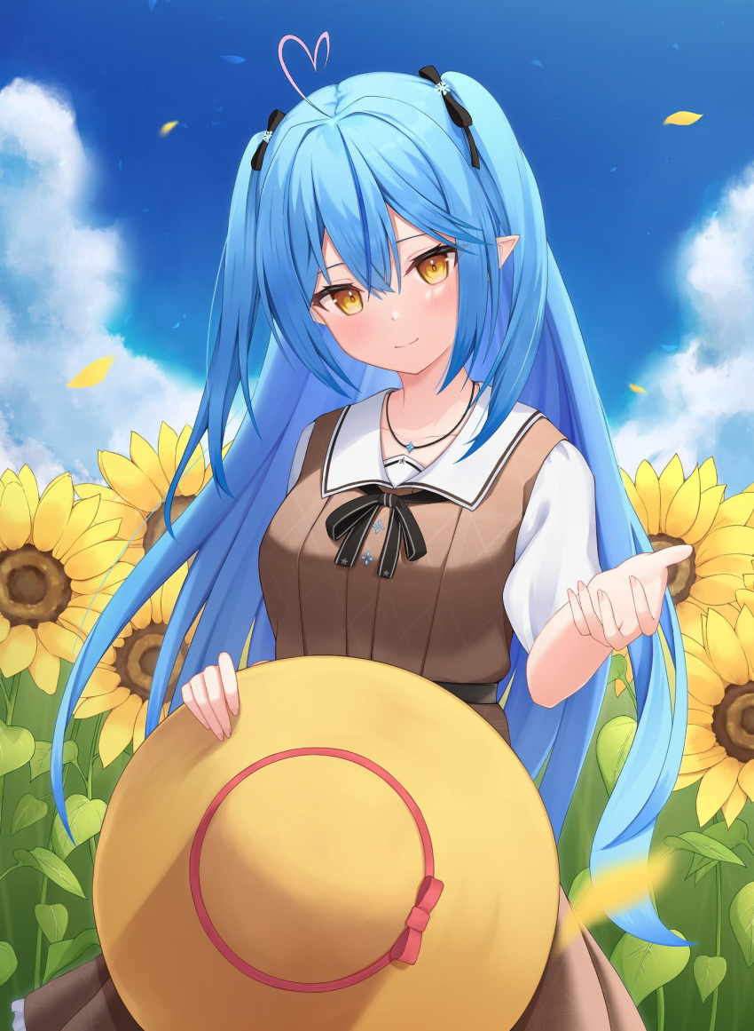 1girl ahoge alternate_costume bangs blue_hair blue_sky brown_dress closed_mouth collarbone commentary_request day dress elf field flower flower_field hat hat_removed head_tilt headwear_removed heart heart_ahoge highres hololive honyuuruinomoto jewelry long_hair looking_at_viewer necklace outdoors pinafore_dress pointy_ears sidelocks sky smile solo sun_hat sunflower sunlight twintails two_side_up upper_body very_long_hair yellow_eyes yukihana_lamy