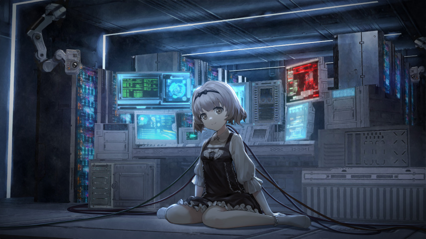 1girl absurdres android arm_support backlighting black_bow black_dress bow cable code curly_hair dress dress_bow female_child frilled_dress frilled_legwear frills full_body grey_eyes grey_hair hair_bow highres indoors long_sleeves looking_at_viewer monitor nanami_(punishing:_gray_raven) neck_ribbon no_shoes on_floor puffy_long_sleeves puffy_sleeves punishing:_gray_raven ribbon security_camera server shirt short_hair sitting smile socks solo wariza white_bow white_shirt white_socks wu_lun_wujin younger