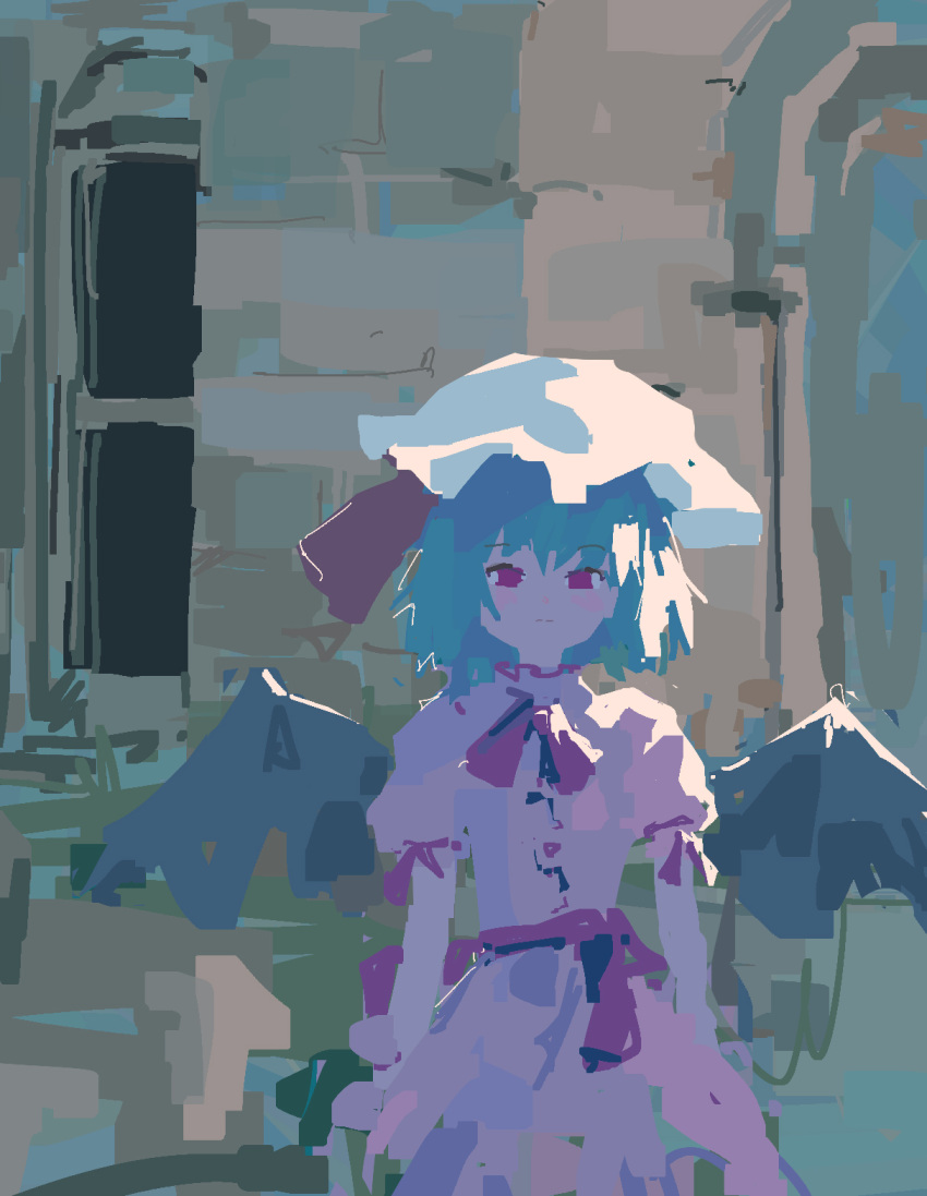 1girl 3: arms_at_sides backlighting bangs bat_wings black_wings blue_hair bow bowtie building closed_mouth cowboy_shot dress frills hat high_collar highres large_hat light_frown looking_at_viewer mob_cap narrowed_eyes no_lineart no_pupils outdoors pink_bow pink_bowtie pink_dress pink_eyes pink_ribbon pink_sash puffy_short_sleeves puffy_sleeves raised_eyebrow reddizen remilia_scarlet ribbon sash short_hair short_sleeves sleeve_ribbon solo split_mouth standing straight-on touhou white_headwear wings wrist_cuffs