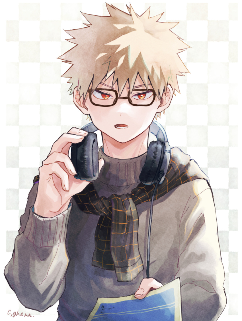 1boy adcalcium alternate_costume bakugou_katsuki bespectacled black-framed_eyewear black_scarf blonde_hair boku_no_hero_academia checkered_background commentary_request glasses grey_sweater headphones headphones_around_neck highres holding holding_paper long_sleeves looking_at_viewer male_focus open_mouth paper red_eyes scarf short_hair signature solo spiky_hair sweater upper_body white_background