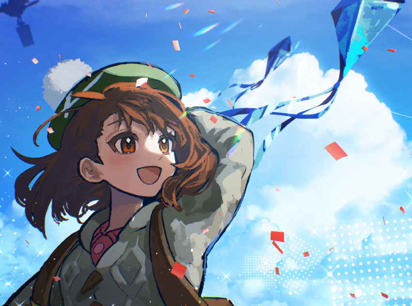 1girl :d bangs brown_eyes brown_hair cable_knit cardigan clouds collared_dress commentary_request confetti corviknight day dress gloria_(pokemon) green_headwear grey_cardigan happy hat highres kika looking_to_the_side open_mouth outdoors pink_dress pokemon pokemon_(game) pokemon_swsh silhouette sky smile tam_o'_shanter tongue