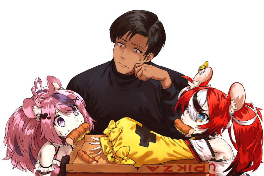 1boy 2girls ahoge animal_ears bare_shoulders black_collar black_gloves black_hair collar crop_top detached_sleeves dice_hair_ornament doodle gigguk gloves hair_ornament hakos_baelz haraya_manawari heart heart_ahoge heart_hair_ornament highres hololive hololive_english ironmouse long_sleeves midriff mouse_ears mouse_girl mousetrap mouth_hold multicolored_hair multiple_girls off-shoulder_shirt off_shoulder pink_hair pizza_box purple_hair redhead shirt single_glove spiked_collar spikes strapless strapless_shirt streaked_hair trash_taste twintails violet_eyes virtual_youtuber vshojo white_hair white_shirt