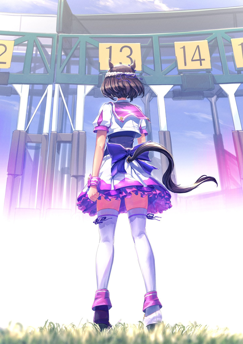 1girl animal_ears arms_at_sides boots brown_hair cropped_jacket from_behind full_body grass high_heel_boots high_heels highres horse_ears horse_girl horse_tail jacket outdoors petticoat ponpochi purple_vest short_hair short_sleeves skirt solo sparkle special_week_(umamusume) standing starting_gate tail textless_version thigh-highs umamusume vest white_jacket white_skirt white_thighhighs wristband