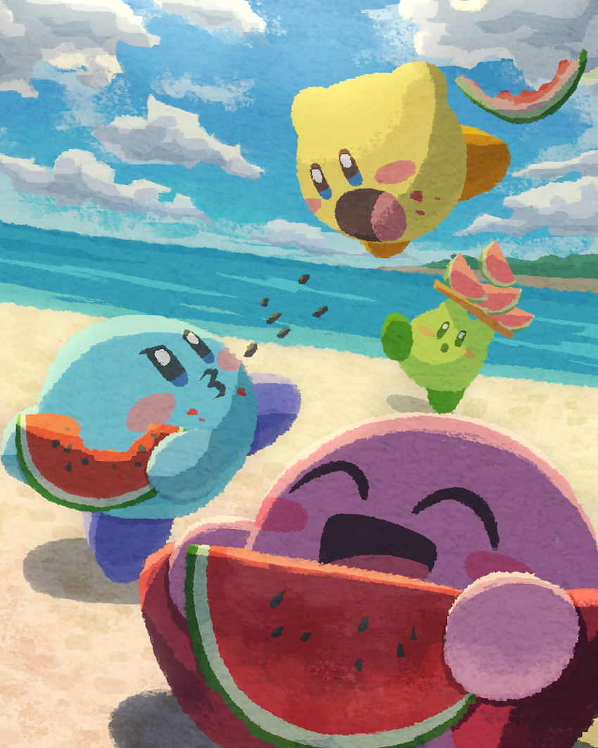 beach blush clouds cloudy_sky eating floating food fruit highres kirby kirby_(series) looking_at_another looking_at_viewer miclot nature ocean open_mouth outdoors plate sand sky sparkling_eyes spitting tongue water watermelon watermelon_slice