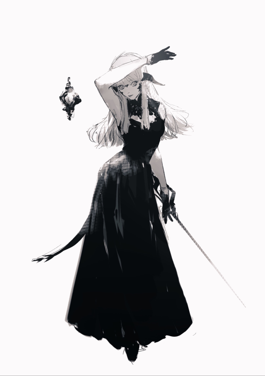 7ryryry absurdres arm_up au_ra bangs breasts cleavage_cutout clothing_cutout dragon_girl dragon_horns dragon_tail dress facial_mark final_fantasy final_fantasy_xiv floating floating_object full_body gloves greyscale highres horns long_hair looking_at_viewer monochrome scales sidelocks simple_background sleeveless sleeveless_dress standing sword tail weapon