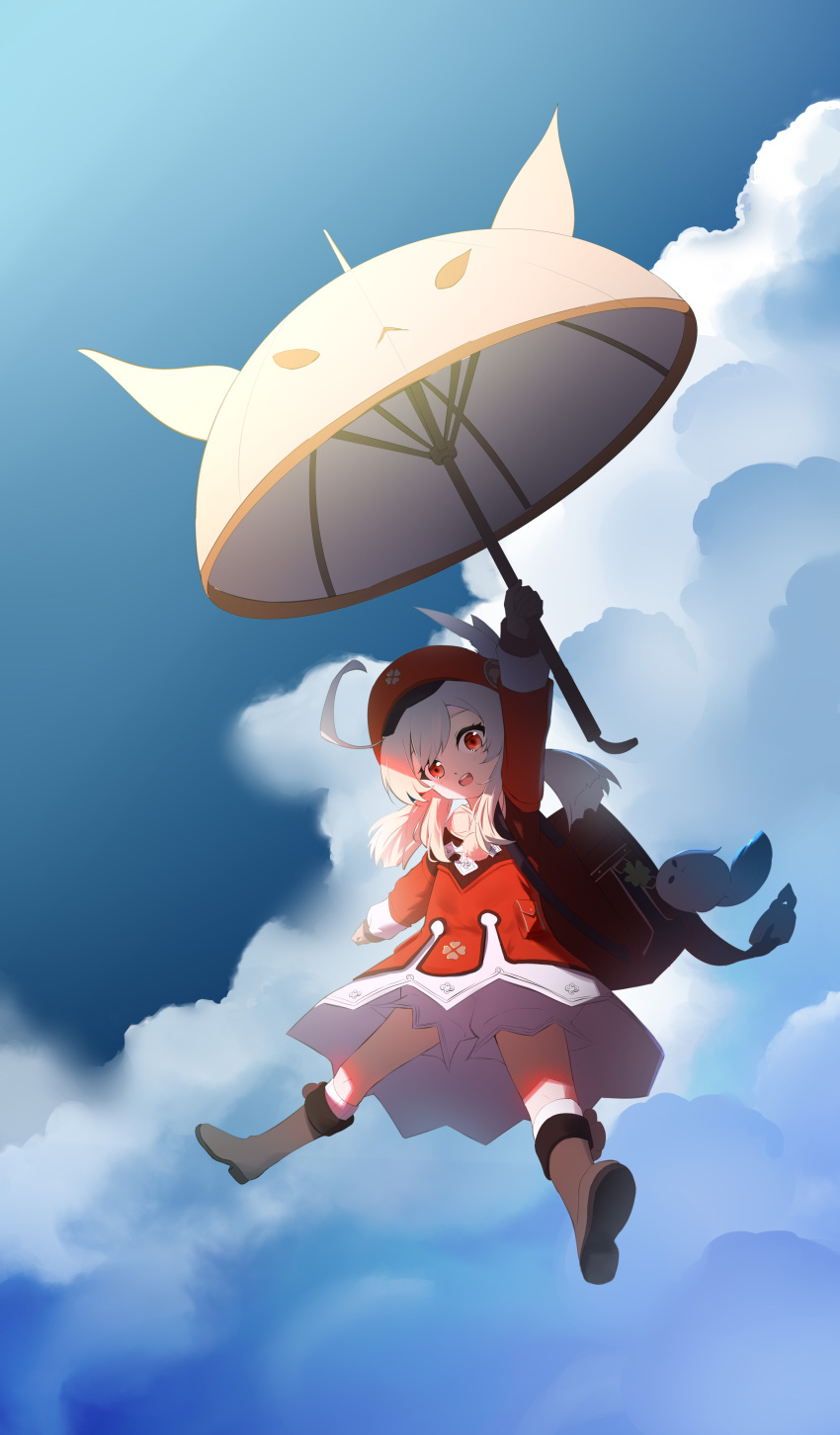 1girl :d absurdres ahoge arm_up bangs bloomers blue_sky blurry boots brown_footwear brown_gloves brown_scarf cabbie_hat clouds cloudy_sky clover_print coat commentary_request depth_of_field falling full_body genshin_impact gloves hair_between_eyes hat hat_feather hat_ornament highres holding holding_umbrella jumpy_dumpty klee_(genshin_impact) knee_boots kneehighs light_brown_hair long_hair long_sleeves looking_at_viewer low_twintails outstretched_arms pocket pointy_ears qixia red_coat red_eyes red_headwear scarf sidelocks sky smile socks solo spread_arms spread_legs twintails umbrella underwear