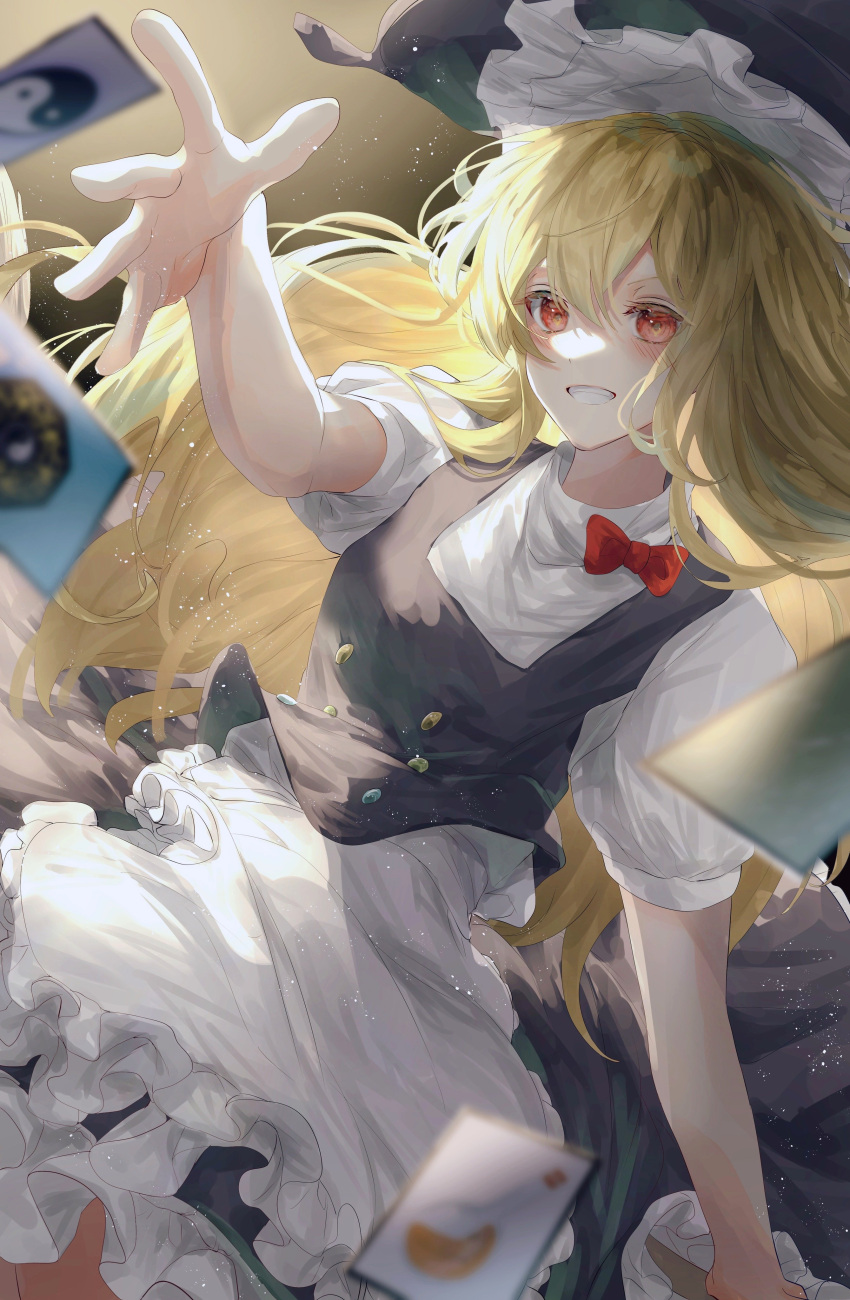 100th_black_market 1girl absurdres apron bangs black_apron blonde_hair blurry blush bow card character_request commentary_request depth_of_field dress floating hat highres long_hair looking_away maid outstretched_arm puffy_sleeves red_bow red_eyes simple_background smile solo toku_kekakewanko touhou white_dress yellow_background