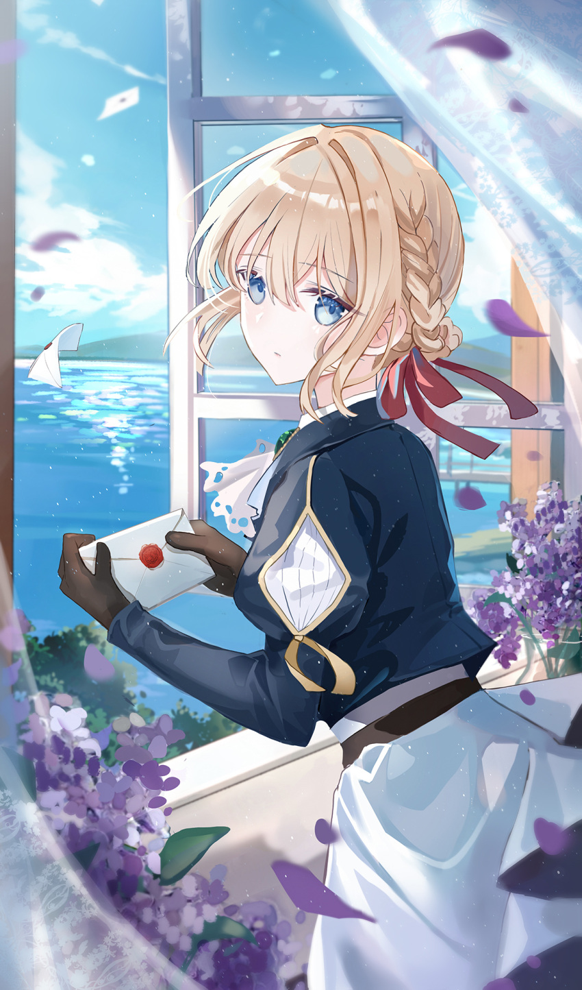 1girl bangs black_gloves blonde_hair blue_jacket blue_sky braid closed_mouth clouds commentary curtains day english_text envelope flower gloves hair_between_eyes hair_intakes hair_ribbon highres holding holding_envelope indoors iren_lovel jacket juliet_sleeves long_sleeves looking_at_viewer looking_back open_window petals puffy_sleeves purple_flower red_ribbon revision ribbon skirt sky solo transparent violet_evergarden violet_evergarden_(series) water white_skirt window