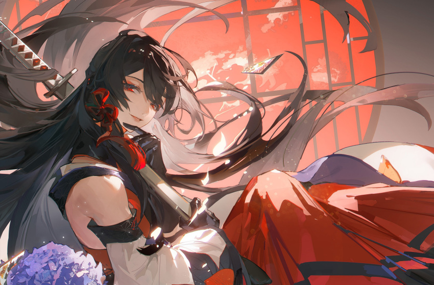 1boy androgynous bangs bare_shoulders black_gloves black_hair card detached_sleeves feet_out_of_frame floating_hair flower from_side gloves glowing_petals hair_ornament hakama hanafuda hand_up highres holding holding_sword holding_weapon hydrangea indoors japanese_clothes katana ken_ga_kimi knees_up light_particles long_hair looking_at_viewer looking_to_the_side male_focus petals red_eyes red_hakama round_window sagihara_sakyou sitting smile solo swept_bangs sword tassel tassel_hair_ornament toned toned_male very_long_hair weapon wide_sleeves window yipei