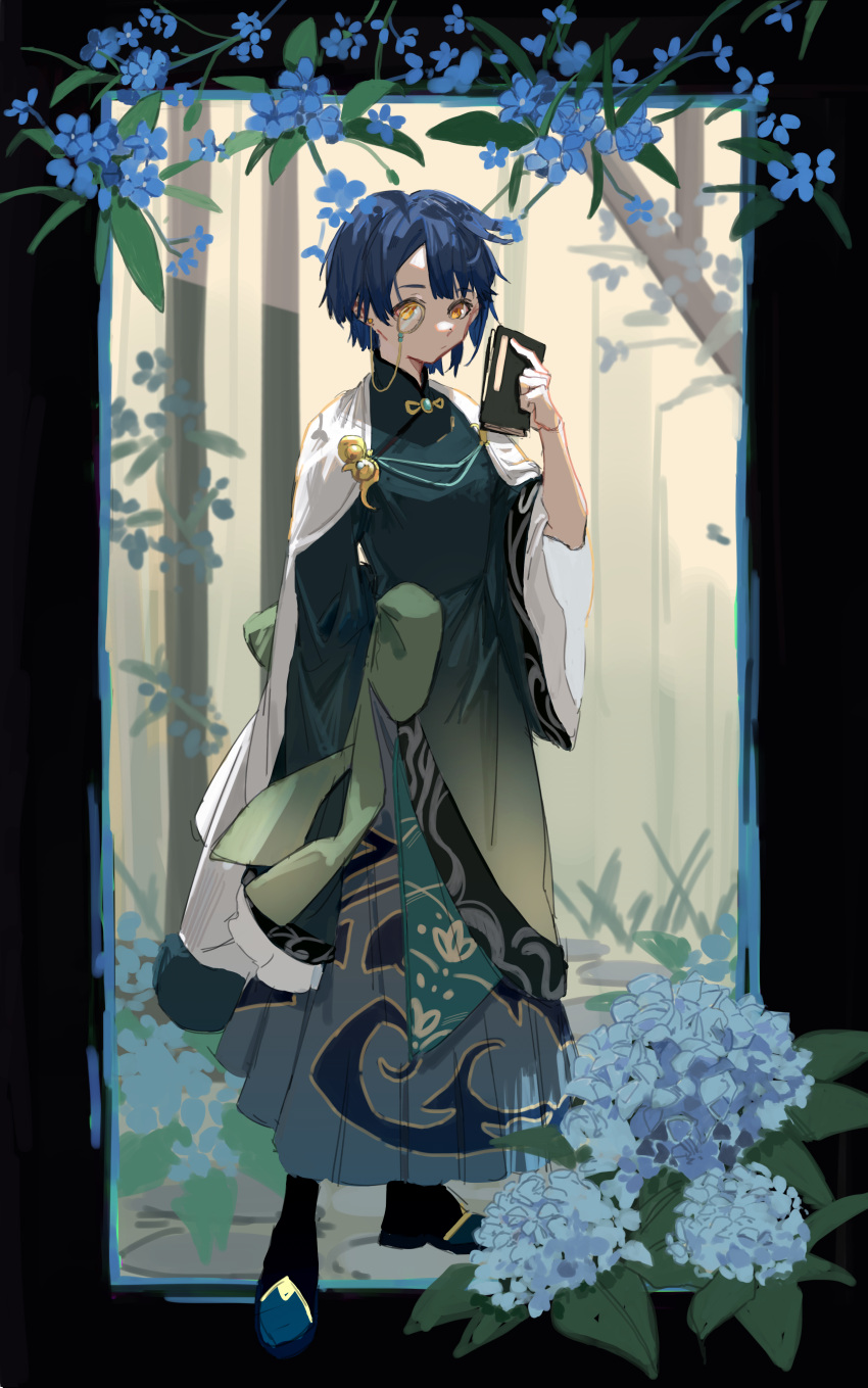 1boy absurdres arm_at_side bangs black_border black_footwear blue_flower blue_footwear blue_hair book boots border branch cape chinese_clothes day earrings flower genshin_impact hand_up highres holding holding_book hydrangea jewelry kurattes long_sleeves looking_at_viewer male_focus monocle outside_border robe short_hair sketch sleeves_past_fingers sleeves_past_wrists solo standing white_cape wide_sleeves xingqiu_(genshin_impact) yellow_eyes