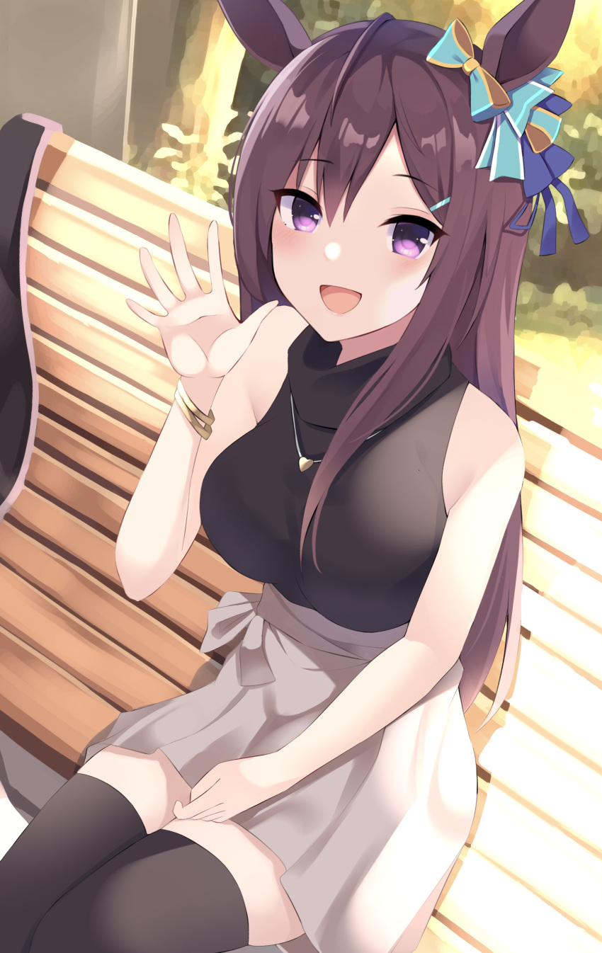 1girl absurdres alternate_costume animal_ears bench breasts casual commentary_request decision5021 hair_ornament hairclip highres horse_ears horse_girl horse_tail long_hair medium_breasts mejiro_dober_(umamusume) open_mouth sitting sleeveless tail thigh-highs umamusume violet_eyes waving