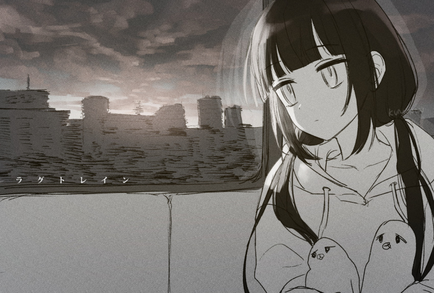 1girl animal bangs bird black_hair blunt_bangs city expressionless greyscale highres holding holding_animal holding_bird hood hoodie inabakumori_(vocaloid) jitome kumonon_(8f2k3) lag_train_(vocaloid) long_hair looking_outside monochrome motion_lines solo train_interior translation_request