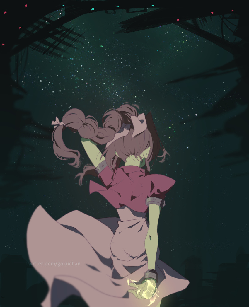 1girl aerith_gainsborough arm_up bangle bracelet braid braided_ponytail brown_hair cropped_jacket dress facing_away final_fantasy final_fantasy_vii flower from_behind goku-chan hair_ribbon highres holding holding_flower jacket jewelry long_dress long_hair night night_sky pink_dress pink_ribbon puffy_short_sleeves puffy_sleeves red_jacket ribbon short_sleeves sky solo upper_body