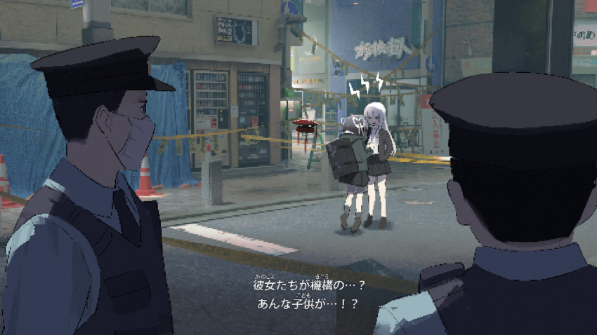 2girls angry black_hair blue_shirt caution_tape drone fake_screenshot hair_ribbon hat highres hood hoodie jacket long_hair lost_property_control_organization_(samidare) mask mouth_mask multiple_girls police police_hat police_uniform policeman ribbon samidare_(hoshi) shiroishi_rai_(samidare) shirt shopping_district translated uniform vending_machine walkie-talkie