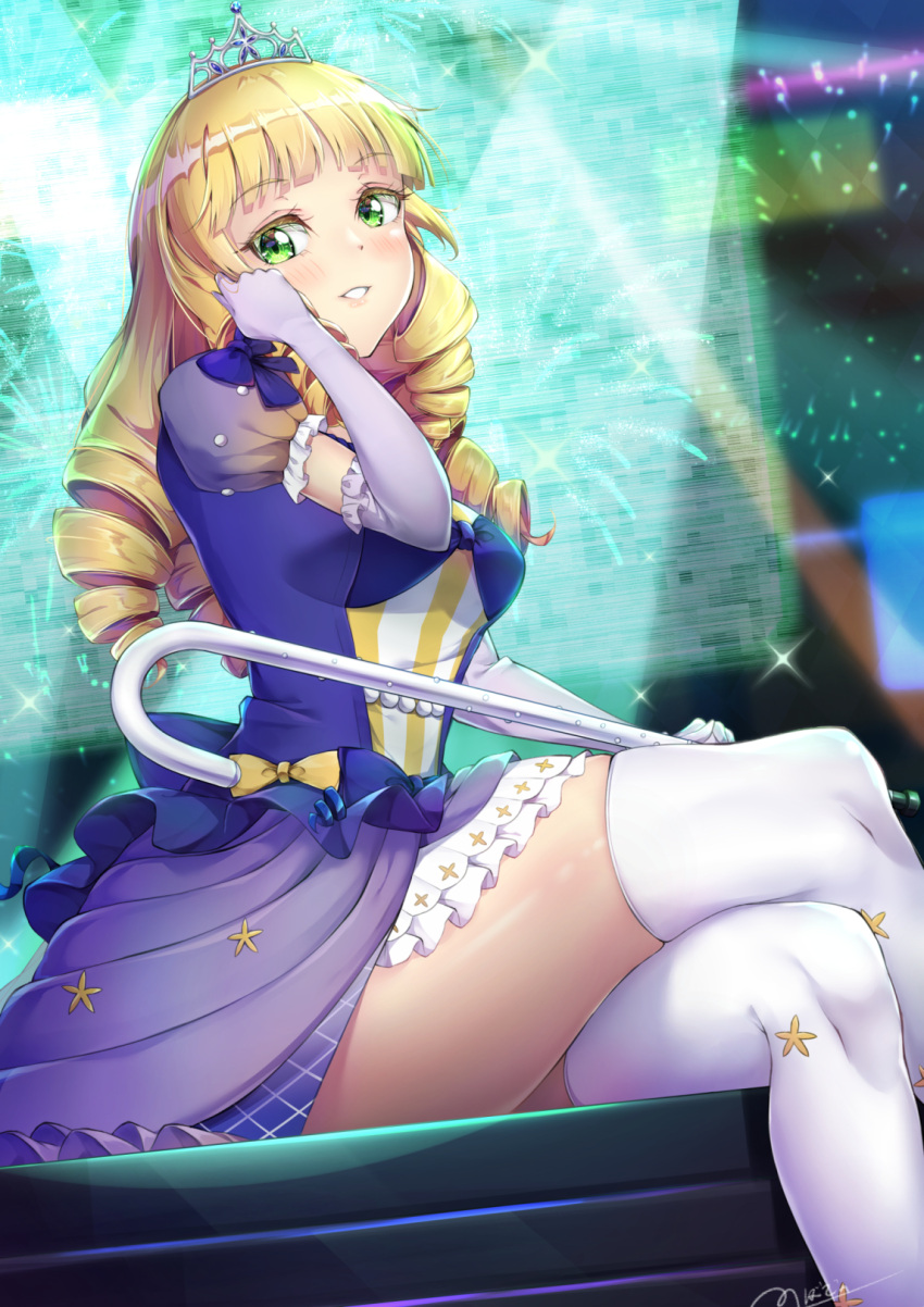 1girl adjusting_hair bangs blonde_hair blunt_bangs blush breasts commentary_request crossed_legs dress drill_hair elbow_gloves gloves green_eyes hand_in_own_hair heanna_sumire highres long_hair love_live! love_live!_superstar!! medium_breasts novady parted_lips puffy_short_sleeves puffy_sleeves purple_dress purple_gloves short_sleeves signature sitting smile solo thigh-highs thighs tiara white_thighhighs zettai_ryouiki