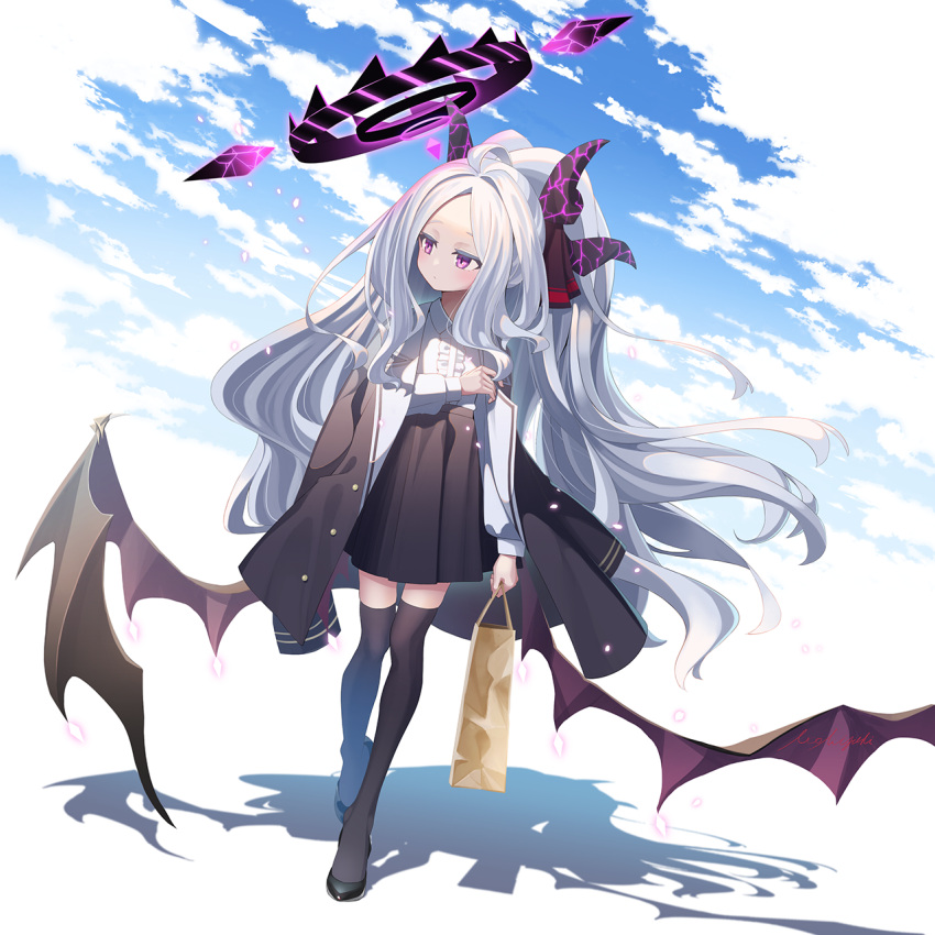 1girl ahoge bag bangs black_skirt black_thighhighs blue_archive blue_sky clouds cloudy_sky coat coat_on_shoulders commentary_request demon_girl demon_horns demon_wings full_body halo high_heels highres hina_(blue_archive) holding horns long_hair long_sleeves looking_afar looking_away miyoshi_nao_(miyoshist) parted_bangs pencil_skirt ponytail shopping_bag sidelocks skirt sky solo thigh-highs violet_eyes walking white_hair wind wings zettai_ryouiki