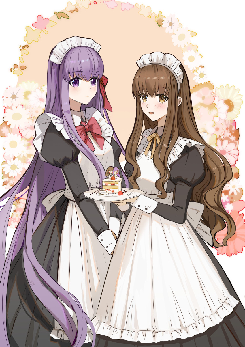 2girls absurdres apron bow bowtie brown_eyes brown_hair cake cake_slice chunzisame commentary_request dress fate/extra fate_(series) floral_background food hair_ribbon highres holding holding_plate kishinami_hakuno_(female) long_dress long_hair long_sleeves looking_at_viewer maid maid_apron maid_headdress matou_sakura matou_sakura_(fate/extra) multiple_girls plate puffy_sleeves purple_hair red_bow red_bowtie red_ribbon ribbon smile very_long_hair violet_eyes