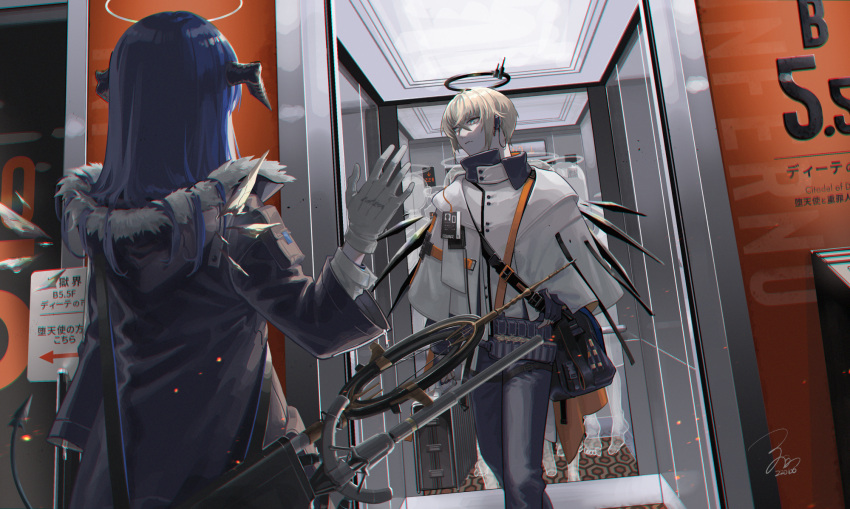 1boy 1girl ammunition_belt arknights arrow_(symbol) bag black_bag black_wings blonde_hair blue_coat blue_hair buckle buttons capelet choki closed_mouth coat commentary dark_halo dated demon_horns demon_tail detached_wings elevator executor_(arknights) fingerless_gloves frown fur-trimmed_coat fur_trim gloves green_eyes grey_gloves grey_pants halo highres holding holding_suitcase horns id_card layered_sleeves long_hair long_sleeves looking_to_the_side mostima_(arknights) pants shirt short_hair sign signature staff suitcase tail translation_request waving white_capelet white_gloves white_shirt wings