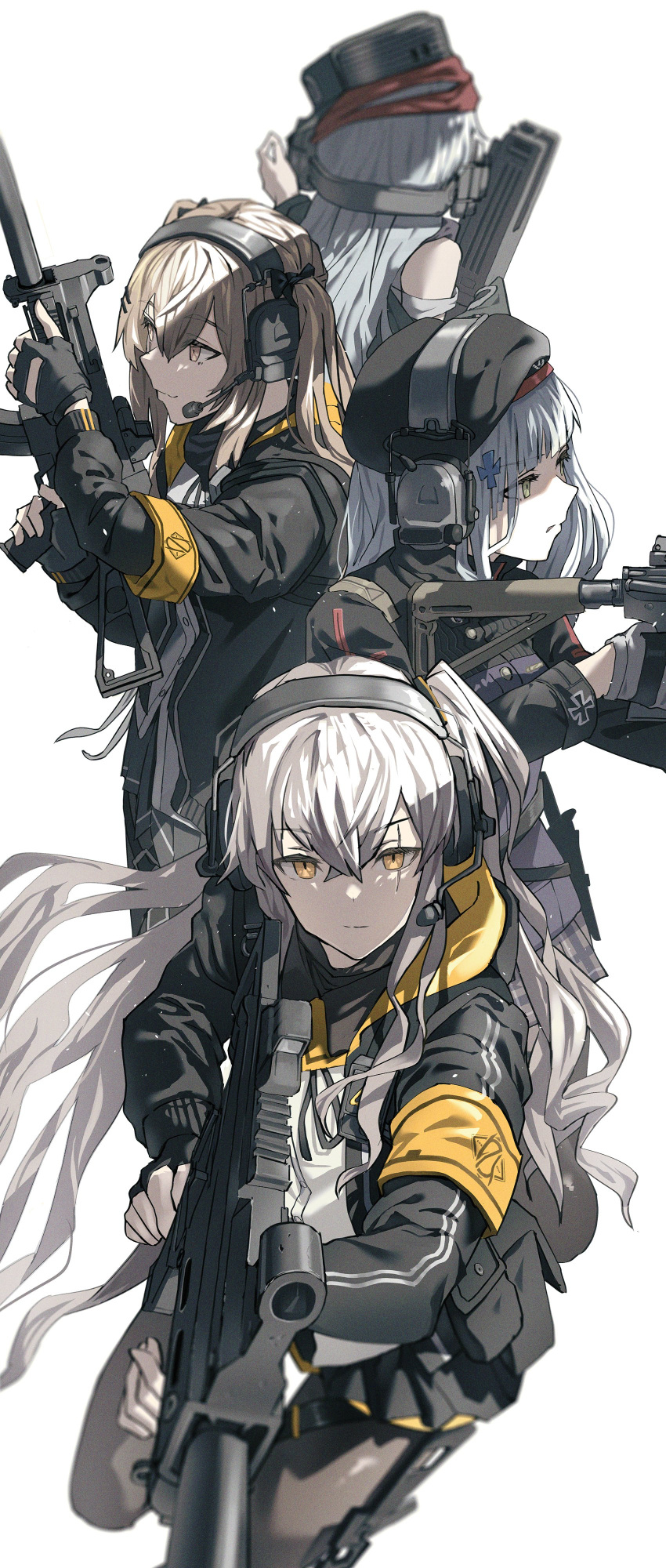 404_(girls'_frontline) 4girls absurdres assault_rifle bangs bare_shoulders beret black_gloves black_jacket black_skirt blunt_bangs brown_eyes brown_hair closed_mouth feet_out_of_frame fingerless_gloves fujita_(condor) g11_(girls'_frontline) girls_frontline gloves green_eyes grey_hair gun h&amp;k_g11 h&amp;k_hk416 h&amp;k_ump45 h&amp;k_ump9 hair_between_eyes hair_ornament hair_ribbon hairclip hat headset highres hk416_(girls'_frontline) holding holding_gun holding_weapon jacket long_hair military_jacket multiple_girls one_side_up orange_eyes pantyhose pleated_skirt ribbon rifle scar scar_across_eye scar_on_face serious shirt simple_background skirt smile submachine_gun twintails ump45_(girls'_frontline) ump9_(girls'_frontline) weapon white_background white_hair white_shirt