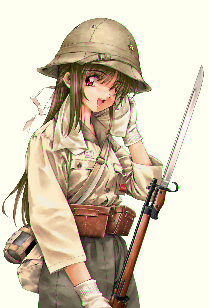 1girl absurdres arisaka bayonet black_hair black_pants bolt_action brown_shirt gloves gun helmet highres holding holding_gun holding_weapon imperial_japanese_army long_hair longmei_er_de_tuzi military military_helmet military_uniform one_eye_closed original pants red_eyes rifle shirt soldier type_38_rifle uniform upper_body weapon white_gloves world_war_ii