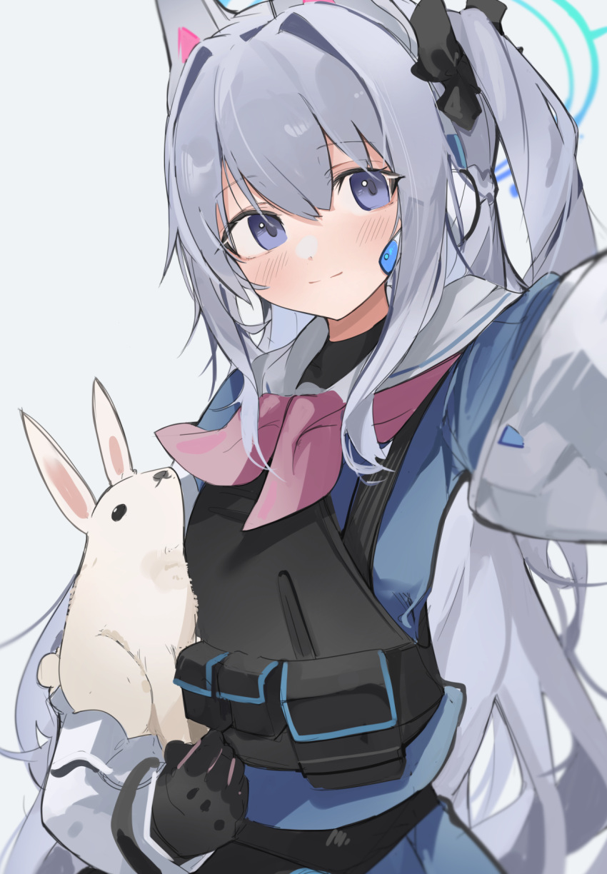 1girl animal_ear_headphones animal_ear_headwear animal_ears black_gloves black_hairband black_undershirt blue_archive blue_serafuku body_armor bulletproof_vest fake_animal_ears gloves grey_hair hairband halo highres long_hair long_sleeves looking_at_viewer mikozin miyako_(blue_archive) neckerchief one_side_up pink_gloves pink_neckerchief plate_carrier pouch rabbit_ears sailor_collar school_uniform serafuku tactical_clothes two-tone_gloves violet_eyes white_sailor_collar