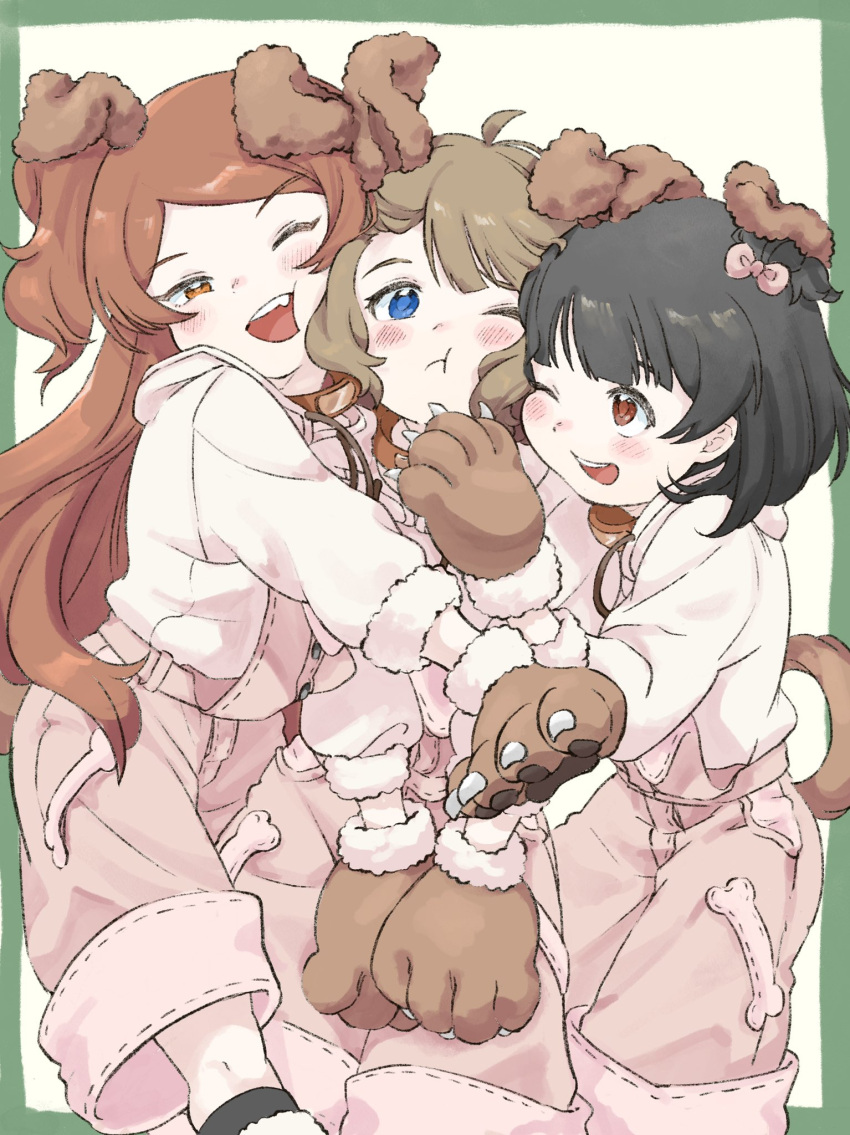 3girls :t ahoge animal_ears animal_hands bangs black_hair blue_eyes blush bone_print bow buttons cheek_press child claws collar commentary_request dog_ears dog_tail fake_animal_ears fake_tail fang fur-trimmed_gloves fur-trimmed_sleeves fur_trim gloves hair_bow highres hood hoodie hug idolmaster idolmaster_million_live! idolmaster_million_live!_theater_days light_brown_hair long_hair long_sleeves looking_at_another multiple_girls nakatani_iku ogami_tamaki one_eye_closed open_mouth orange_hair overalls paw_gloves pink_bow pink_hoodie pink_overalls puffy_cheeks pyopyo red_eyes sandwiched short_hair side_ponytail smile suou_momoko tail teeth wavy_hair white_background yellow_eyes