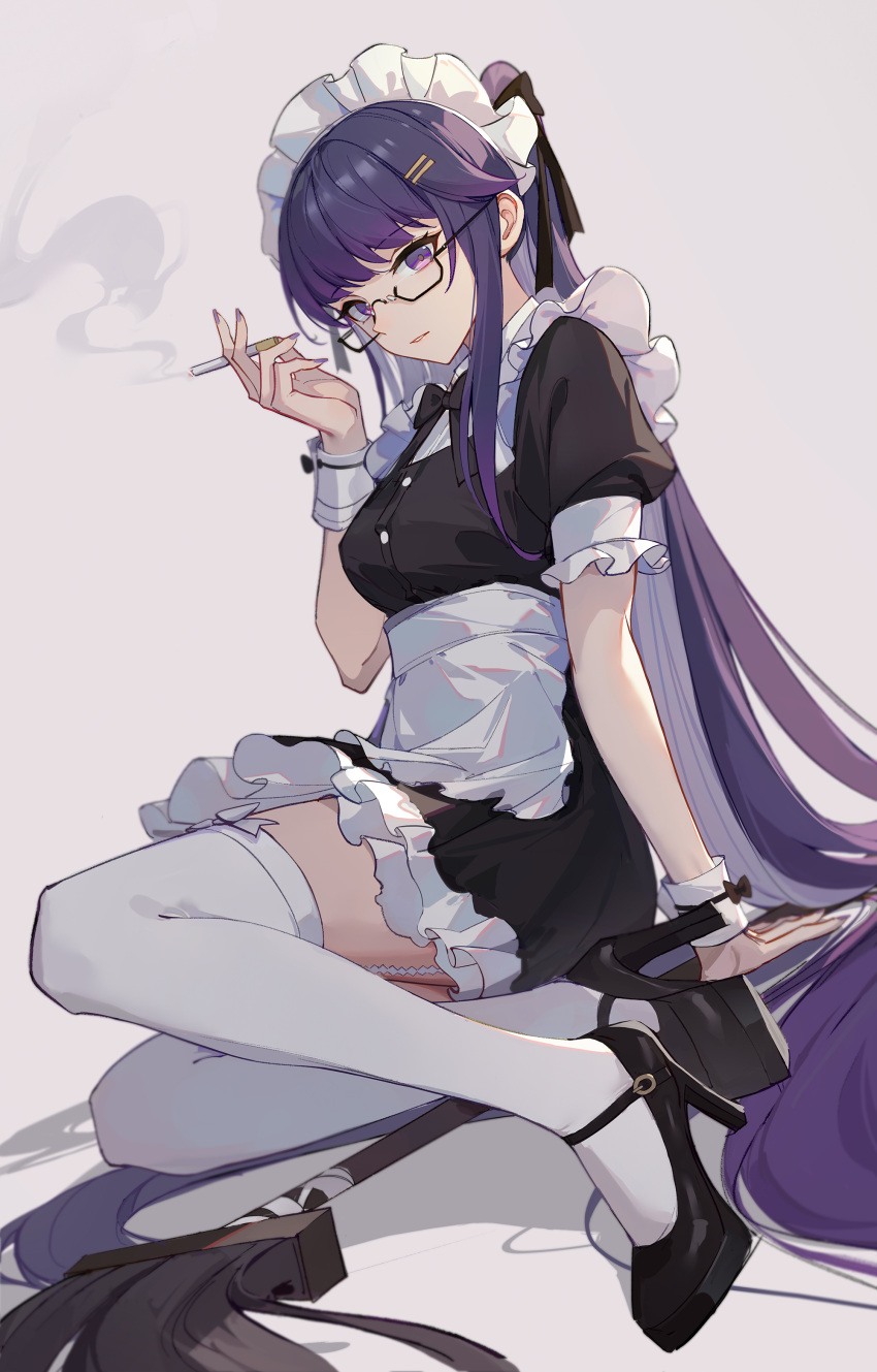 1girl absurdres apron bangs black_dress black_footwear breasts cigarette closed_mouth dress glasses hair_ornament hairclip high_heels highres lance_(lancelliu) long_hair looking_at_viewer maid_headdress original short_sleeves simple_background smoke solo thigh-highs thighs white_apron white_background white_headwear white_thighhighs