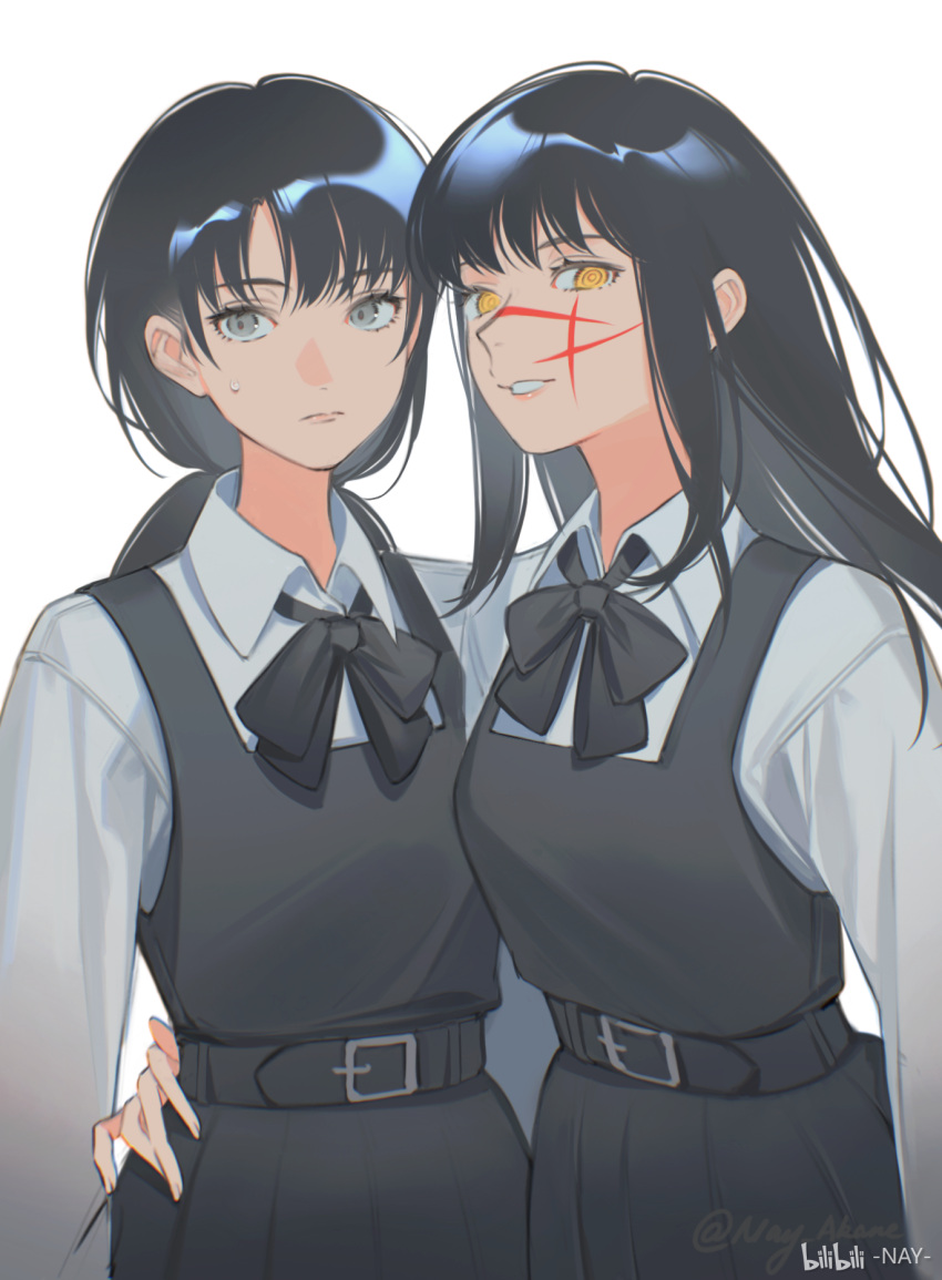 2girls arm_around_waist bangs belt black_belt black_bow black_bowtie black_dress black_hair bow bowtie chainsaw_man closed_mouth collared_shirt dress dual_persona grey_eyes highres long_hair long_sleeves looking_at_viewer mitaka_asa multiple_girls nay_akane parted_lips pinafore_dress ringed_eyes scar scar_on_cheek scar_on_face shirt simple_background twitter_username upper_body war_devil_(chainsaw_man) white_background white_shirt yellow_eyes