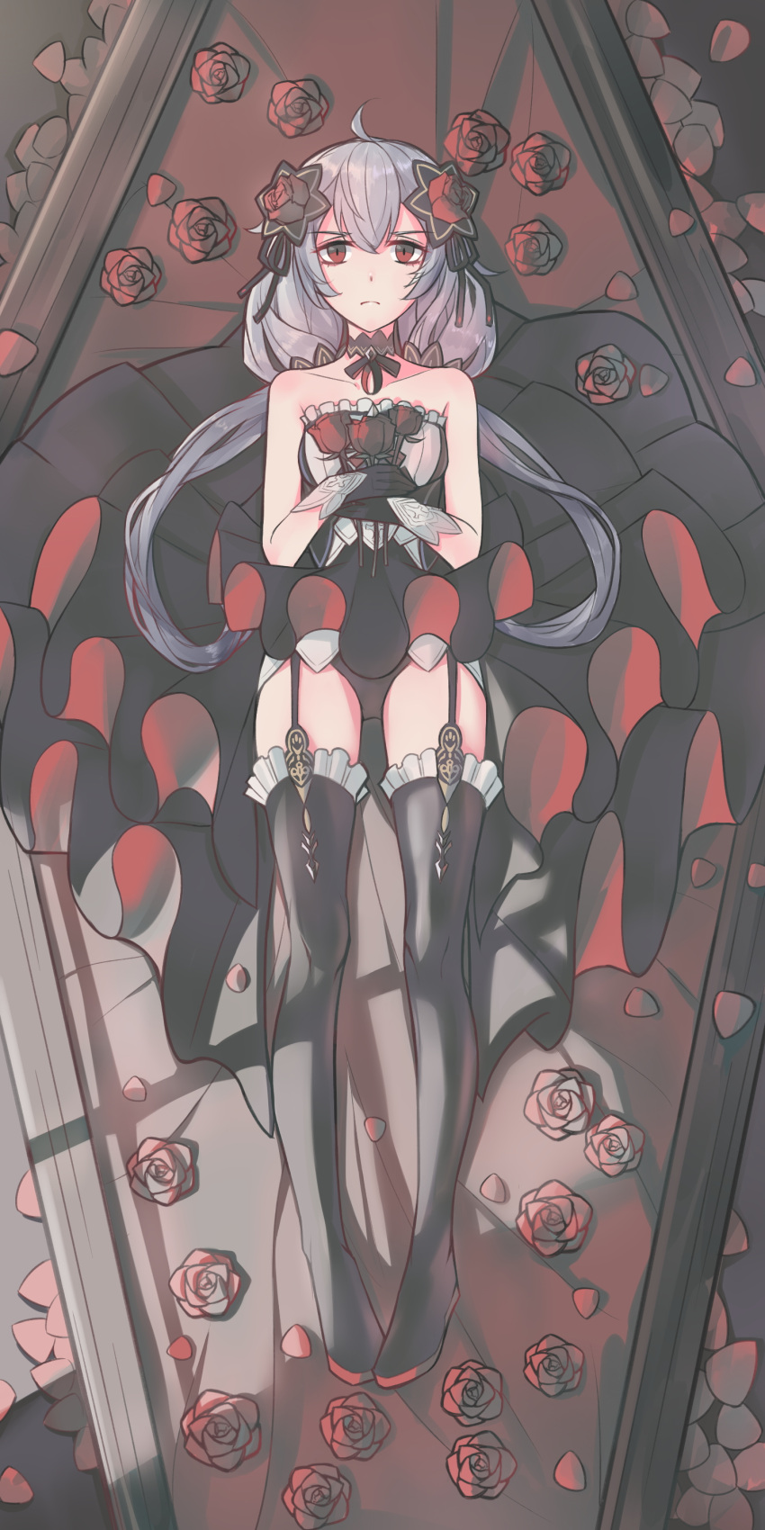 1girl absurdres ahoge bare_shoulders black_dress black_footwear black_gloves bliss_ning boots closed_mouth coffin dress flower full_body gloves hair_between_eyes hair_flower hair_ornament highres honkai_(series) honkai_impact_3rd long_hair looking_at_viewer lying on_back own_hands_together red_eyes red_flower red_rose rose solo strapless strapless_dress theresa_apocalypse theresa_apocalypse_(luna_kindred) thigh_boots twintails vampire white_hair