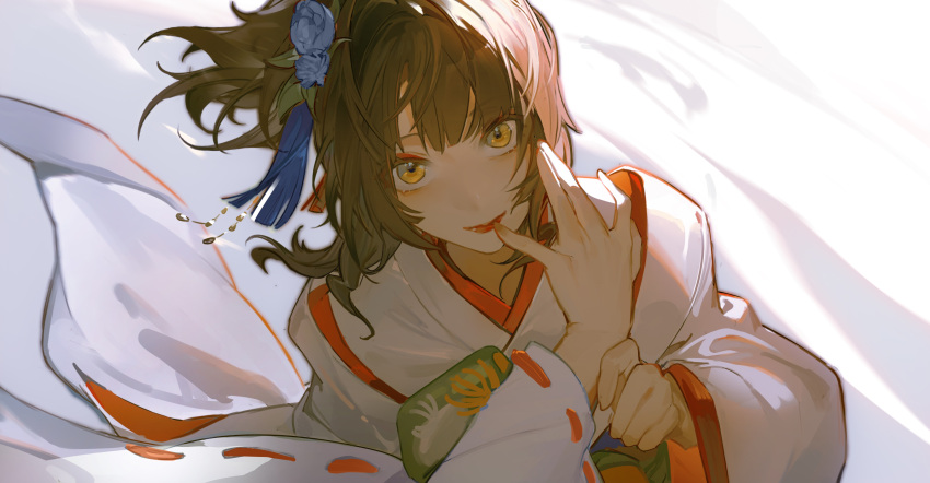 1girl absurdres applying_makeup blue_flower brown_hair closed_mouth coat eyelashes eyeliner finger_to_another's_mouth floating_clothes floating_hair flower hair_flower hair_ornament happy highres holding_another's_wrist japanese_clothes kayo_(ken_ga_kimi) ken_ga_kimi kimono long_hair long_sleeves looking_at_viewer makeup out_of_frame pov pov_hands red_lips ribbon-trimmed_sleeves ribbon_trim sagihara_sakyou side_ponytail smile solo_focus tassel tassel_hair_ornament uchikake upper_body white_background white_coat white_kimono wide_sleeves wind yellow_eyes yipei