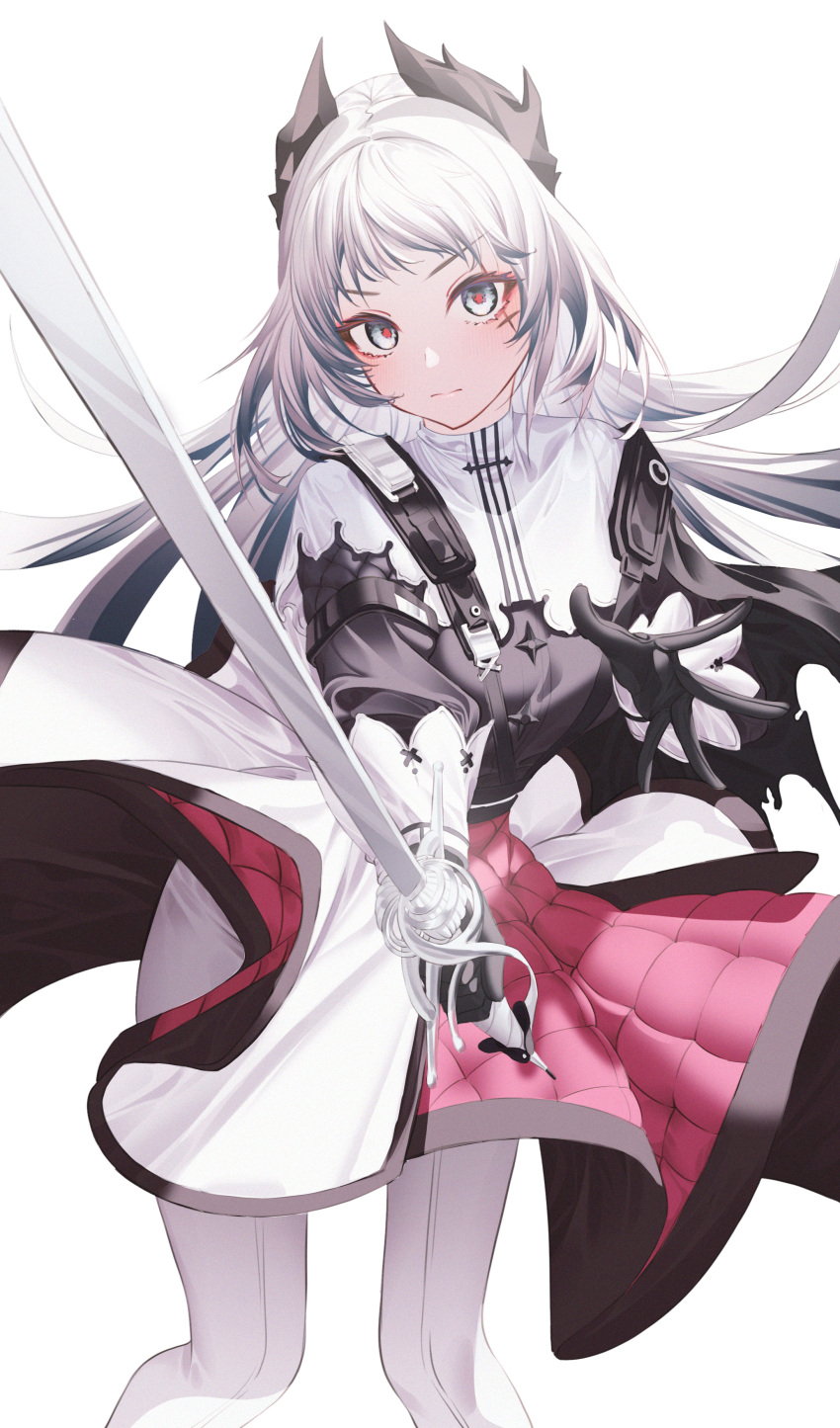 1girl absurdres arknights black_gloves black_hair black_jacket black_knight blue_eyes capelet closed_mouth feet_out_of_frame foreshortening front-seamed_legwear gloves gradient_hair grey_hair head_wings highres holding holding_sword holding_weapon irene_(arknights) jacket layered_skirt long_sleeves looking_at_viewer multicolored_hair pantyhose pink_skirt rapier scar scar_across_eye scar_on_face seamed_legwear simple_background skirt solo spread_fingers standing sword weapon white_background white_capelet white_pantyhose white_skirt