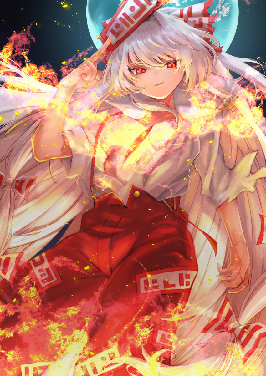 1girl absurdres baggy_pants bangs bow burning collared_shirt commentary commentary_request embers fire fujiwara_no_mokou full_moon hair_between_eyes hand_up hat hat_bow highres holding injury long_hair looking_at_viewer moon night night_sky ofuda ofuda_on_clothes open_clothes open_fly open_shirt pants red_bow red_eyes shirt short_sleeves sky sleeves_rolled_up solo tadano1129 torn_sleeve touhou two-tone_bow unbuttoned unbuttoned_shirt very_long_hair white_bow white_hair white_shirt