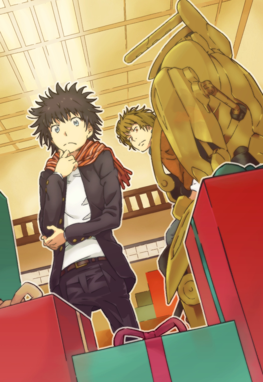 2boys belt black_hair black_jacket black_pants box brown_belt brown_eyes brown_hair brown_jacket closed_mouth colorized commentary externally_piloted_mecha feet_out_of_frame from_below from_side gazing_eye gift gift_box grey_pants haimura_kiyotaka hamazura_shiage hand_up highres indoors jacket kamijou_touma long_sleeves looking_at_viewer looking_down looking_to_the_side machinery mecha multiple_boys novel_illustration official_art open_clothes open_jacket orange_scarf pants robot scarf science_fiction shirt short_hair spiky_hair spoilers standing toaru_majutsu_no_index toaru_majutsu_no_index:_new_testament white_shirt