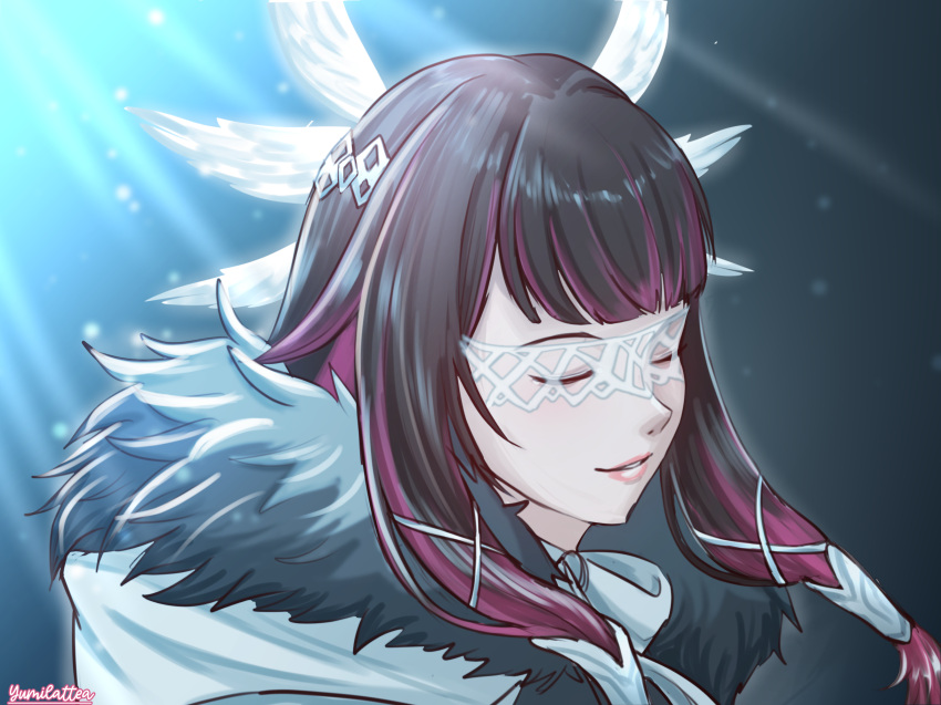 1girl artist_name black_hair close-up closed_eyes coat columbina_(genshin_impact) eye_mask fur-trimmed_coat fur_trim genshin_impact gradient hair_wings head_wings highres light_rays multicolored_hair portrait purple_hair simple_background smile solo sparkle_print two-tone_hair white_coat white_mask wing_hair_ornament yumikari07