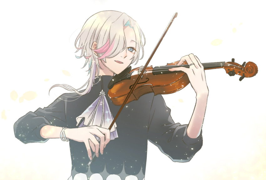 1boy :d aqua_hair ascot black_shirt blue_eyes bracelet english_commentary grey_ascot hair_over_one_eye highres holostars instrument jewelry keishi_(trap) looking_at_viewer male_focus medium_hair multicolored_hair music no_gloves pink_hair playing_instrument purple_hair ring shirt sleeves_past_elbows smile solo sparkle_print streaked_hair turtleneck upper_body utsugi_uyu violin virtual_youtuber white_background white_hair