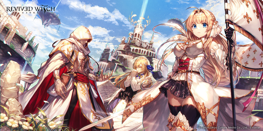 1boy 2girls ahoge bangs black_skirt blonde_hair blue_eyes breasts catherine_(revived_witch) commentary_request commission dark-skinned_male dark_skin datheios_(revived_witch) feathered_wings flag highres hood hood_up large_breasts long_hair multiple_girls nakanishi_tatsuya official_art own_hands_clasped own_hands_together revived_witch sher_(revived_witch) skirt sky solo topless_male white_wings wings zettai_ryouiki