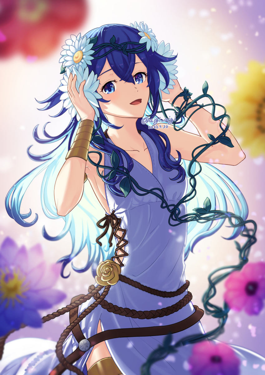 1girl :d bare_shoulders blurry bracelet breasts collarbone cowboy_shot dated depth_of_field dress fire_emblem fire_emblem_awakening fire_emblem_heroes flower hair_flower hair_ornament hands_up head_wreath highres jewelry lucina_(fire_emblem) official_alternate_costume open_mouth side_slit sideboob sleeveless sleeveless_dress small_breasts smile solo sumire_l.a. symbol-shaped_pupils twitter_username white_dress