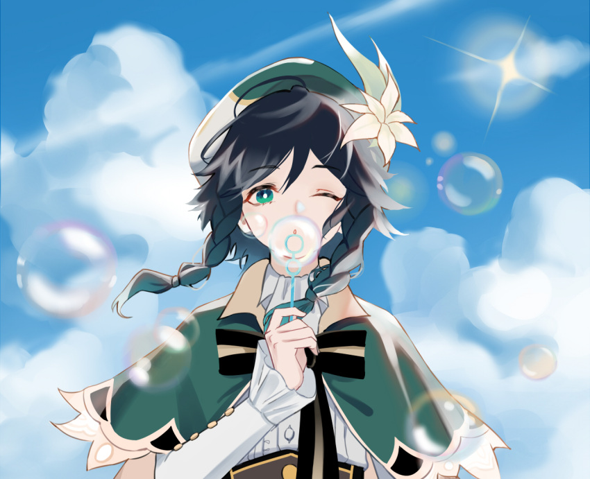 1069532 1boy ahoge black_bow black_hair blue_sky bow braid bright_pupils bubble_blowing bubble_wand clouds cloudy_sky diffraction_spikes feathers flower genshin_impact gradient gradient_hair green_eyes green_hair green_headwear hat hat_feather hat_flower looking_at_viewer male_focus multicolored_hair one_eye_closed outdoors shirt_tucked_in sky solo striped striped_bow upper_body venti_(genshin_impact) white_feathers white_flower white_pupils