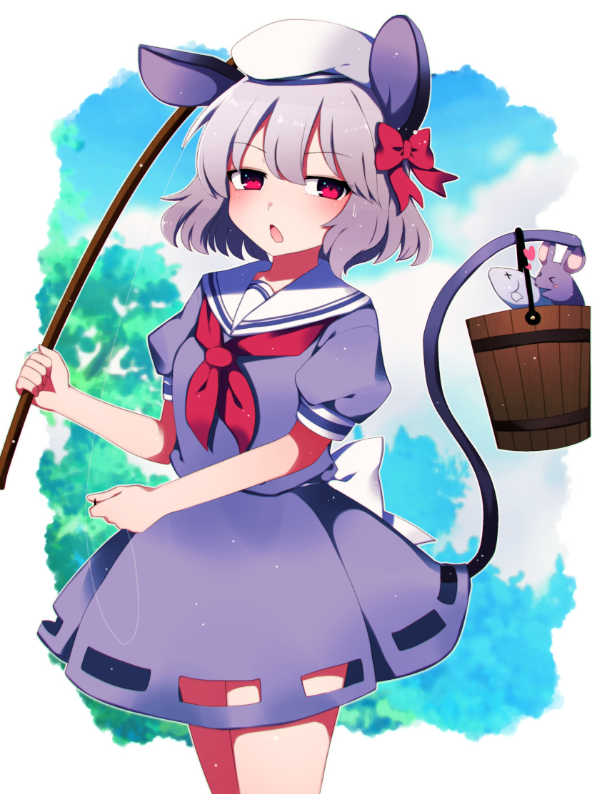 1girl absurdres alternate_costume animal animal_ears blush bucket commission cowboy_shot dress grey_dress grey_hair hair_between_eyes hat heart highres mouse mouse_ears mouse_tail nazrin open_mouth puffy_short_sleeves puffy_sleeves red_eyes short_hair short_sleeves skeb_commission solo tail touhou white_headwear you_(noanoamoemoe)