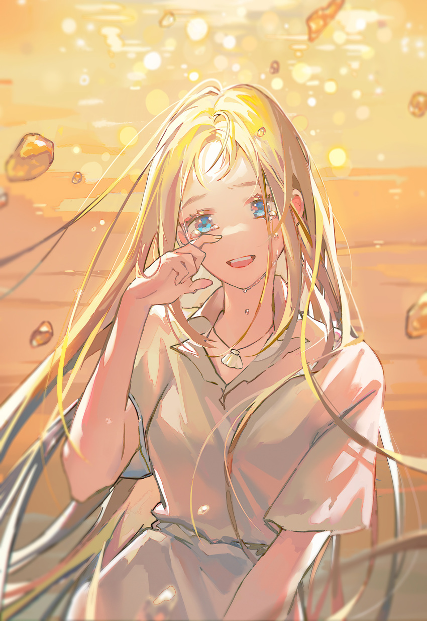 1girl beach blonde_hair blue_eyes breasts chinese_commentary commentary_request cowboy_shot dress highres jewelry kofune_ushio long_hair looking_at_viewer necklace open_mouth shell_necklace short_sleeves solo summertime_render sundress tears white_dress wiping_tears yuxia_xianyin