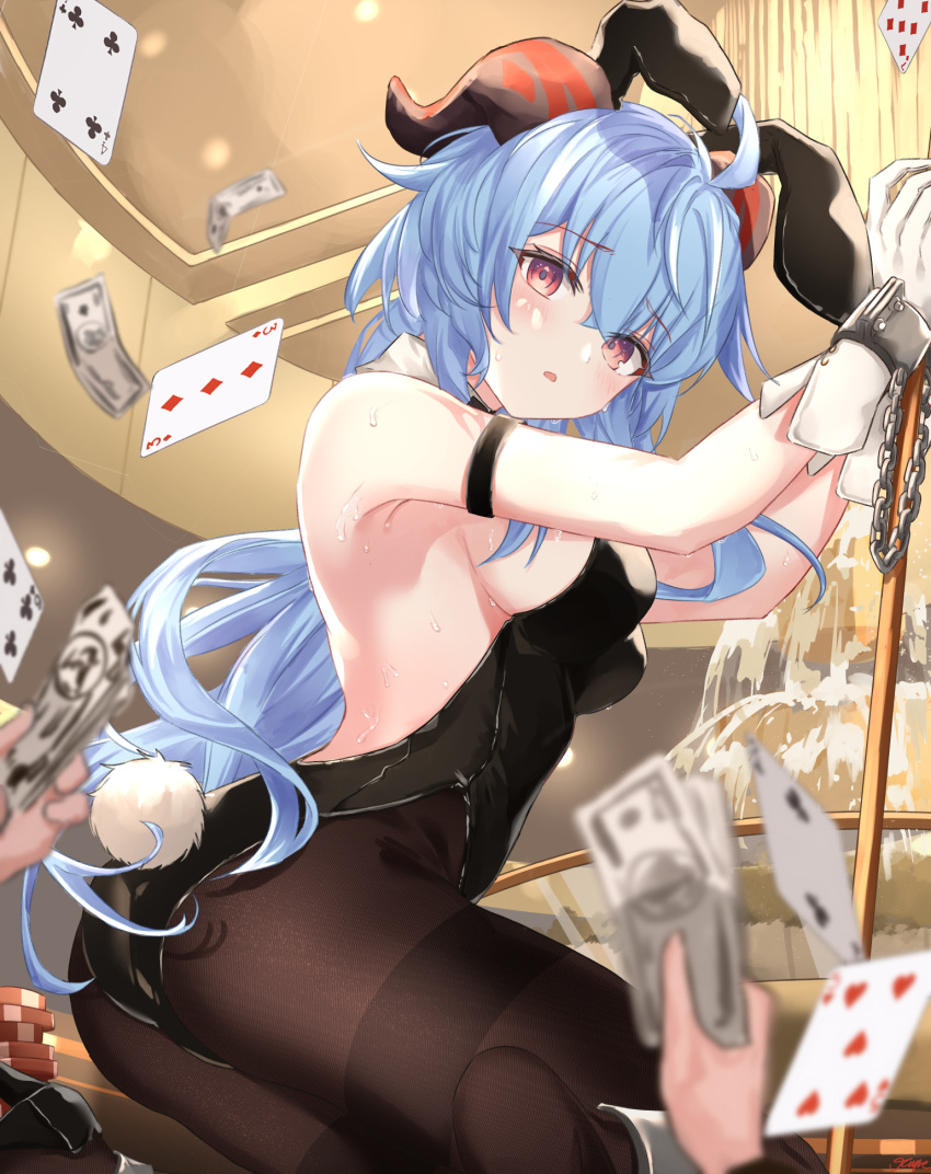 1girl 2others blue_hair bunnysuit cards chained depth_of_field fountain ganyu_(genshin_impact) genshin_impact gloves handcuffs hands horns indoors looking_at_viewer money purple_eyes rabbit_ears solo_focus sweat sweating_profusely thighs wet