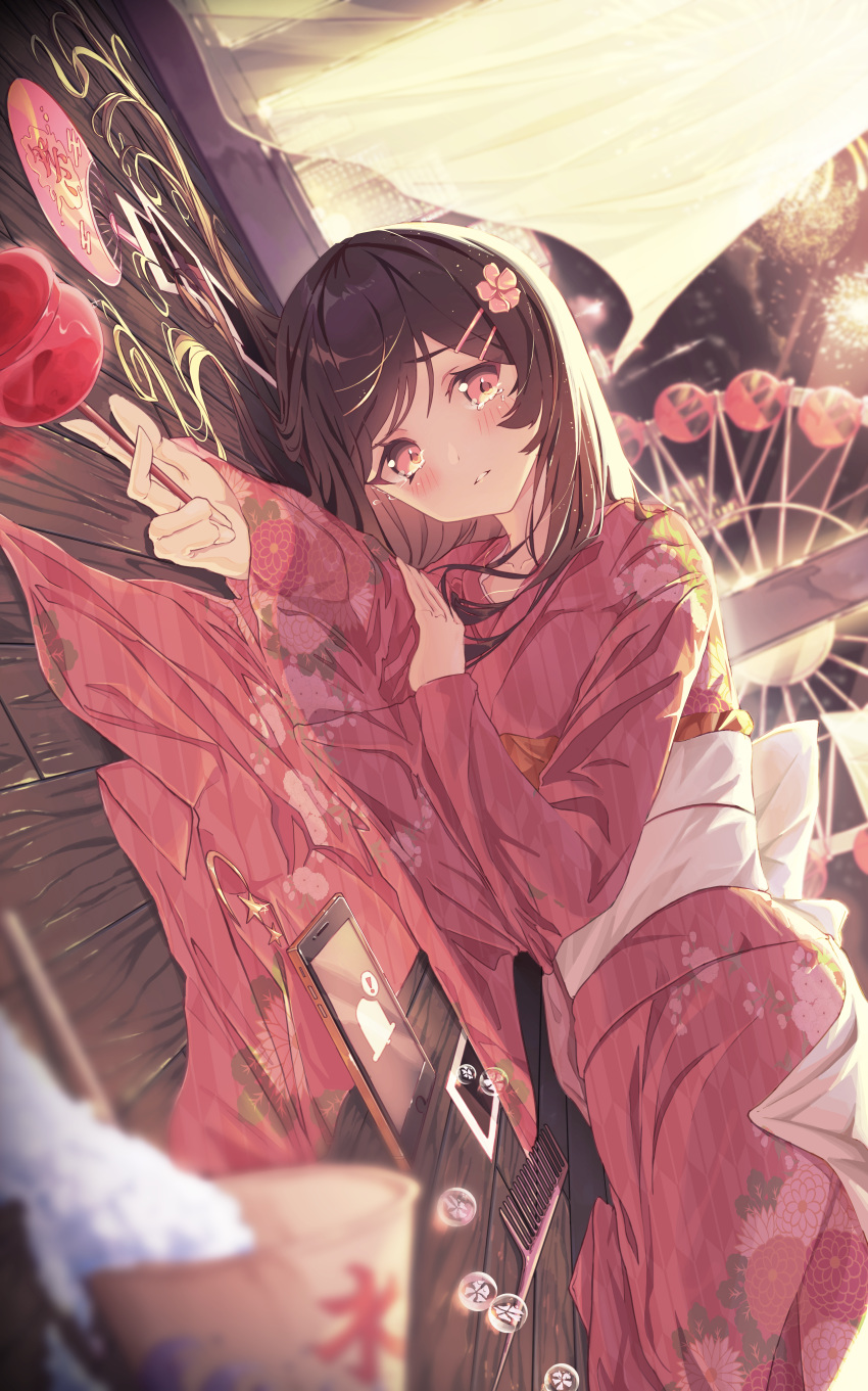 1girl absurdres bangs blush breasts brown_hair building candy_apple comb cup curtains dutch_angle ferris_wheel fireworks flower food grey_eyes hair_flower hair_ornament hairclip hand_fan highres holding indoors japanese_clothes kimono long_hair looking_at_viewer lying night night_sky obi on_floor on_side original outstretched_arm parted_lips phone pink_kimono sash shaved_ice sideways sky small_breasts solo tearing_up tears wide_sleeves window wooden_floor yozora_(1wkdgusdn)