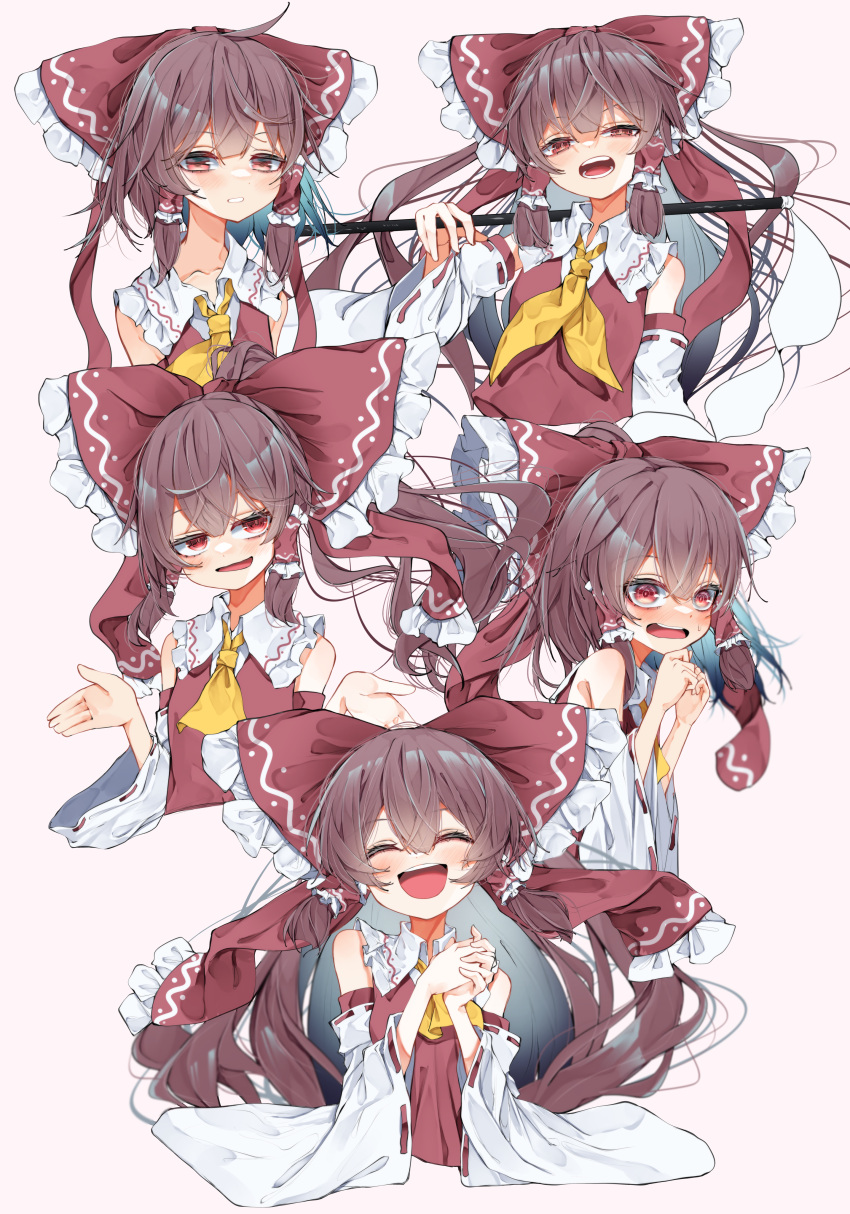 1girl absurdres ascot bare_shoulders blush bow brown_hair closed_eyes detached_sleeves gohei hair_between_eyes hair_bow hair_tubes hakurei_reimu highres holding japanese_clothes long_hair multiple_views nontraditional_miko open_mouth red_bow red_eyes ribbon-trimmed_sleeves ribbon_trim sidelocks smile touhou tsune_(tune) white_sleeves wide_sleeves yellow_ascot