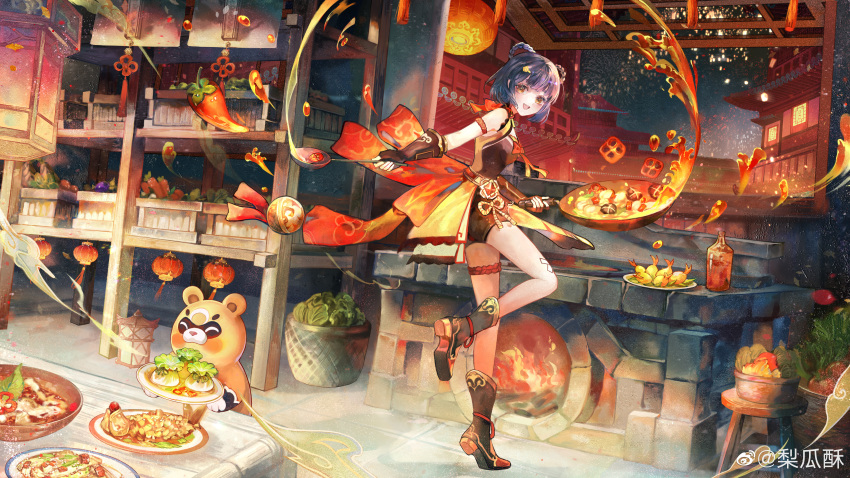 1girl 1other absurdres animal_ears bangs bear bear_ears black_hair china_dress chinese_clothes cooking dress eyebrows_hidden_by_hair fingerless_gloves food genshin_impact gloves guoba_(genshin_impact) highres li_guai_su looking_at_viewer looking_back open_mouth plate short_hair smile standing standing_on_one_leg xiangling_(genshin_impact) yellow_eyes