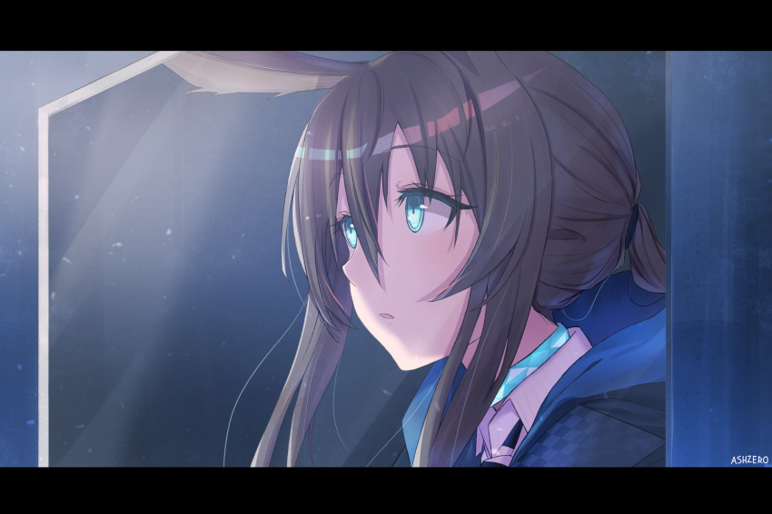 1girl amiya_(arknights) animal_ears arknights artist_name ashzero black_jacket blue_eyes brown_hair collared_shirt commentary highres hood hood_down hooded_jacket jacket letterboxed long_hair looking_away parted_lips ponytail rabbit_ears shirt sidelocks signature solo upper_body white_shirt