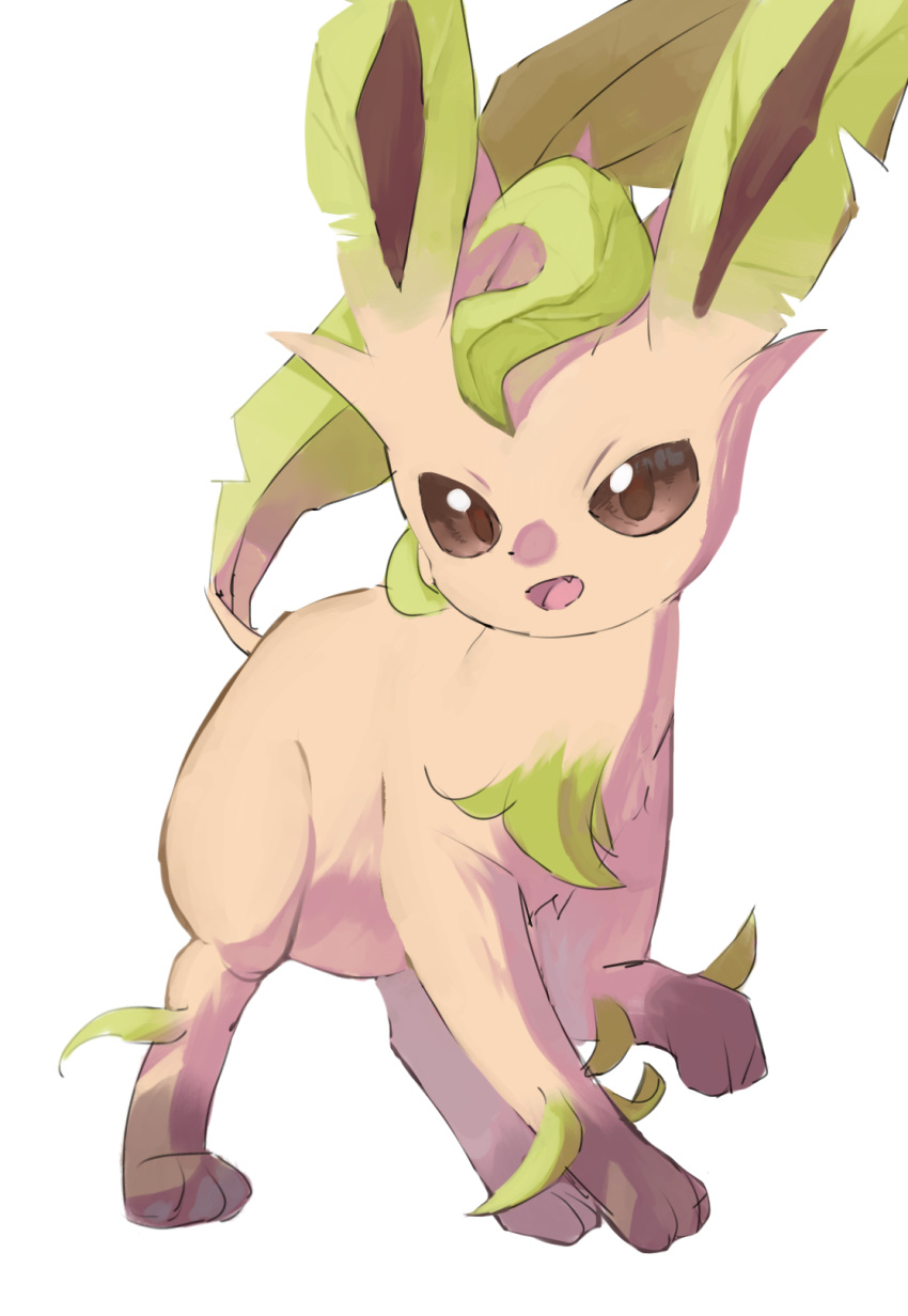 animal_focus brown_eyes brown_sclera colored_sclera commentary english_commentary fang full_body highres horezai leafeon looking_at_viewer no_humans notched_ear open_mouth pokemon pokemon_(creature) simple_background sketch solo standing white_background