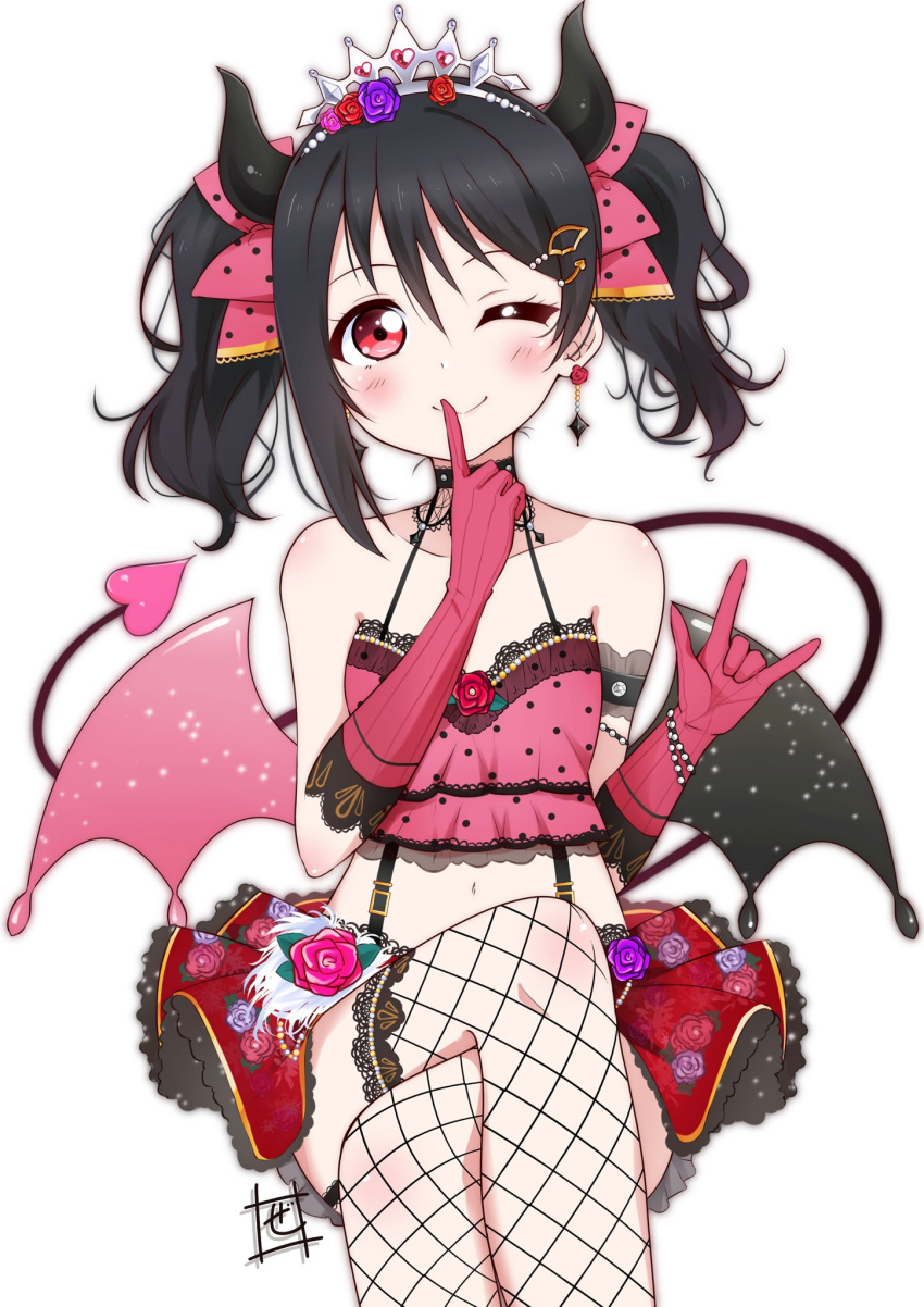 1girl \m/ bangs black_hair black_horns black_wings blush bow bracelet crop_top crossed_legs demon_wings earrings finger_to_mouth fishnet_legwear fishnets frilled_skirt frills hair_bow hair_ornament hairclip heart heart_tail highres horns jewelry long_hair love_live! love_live!_school_idol_festival love_live!_school_idol_project multicolored_wings official_alternate_costume one_eye_closed pink_bow pink_wings polka_dot polka_dot_bow red_eyes red_skirt sitting skirt smile solo tail tiara twintails white_background wings yazawa_nico zero-theme