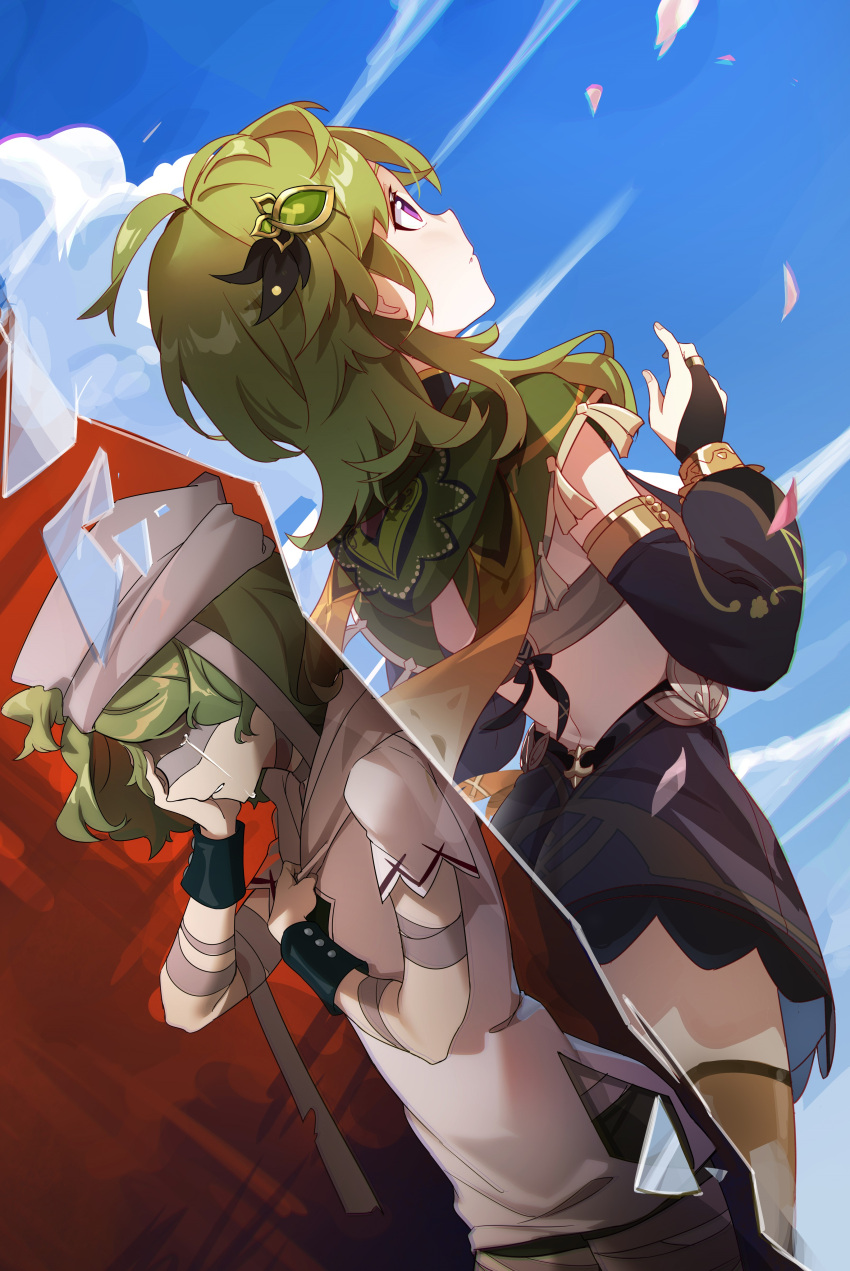 1girl absurdres bandages black_skirt blue_sky brown_thighhighs capelet chinese_commentary clouds collei_(genshin_impact) detached_sleeves genshin_impact green_capelet green_hair hair_ornament highres hokushuu long_sleeves medium_hair puffy_long_sleeves puffy_sleeves red_sky skirt sky thigh-highs time_paradox violet_eyes