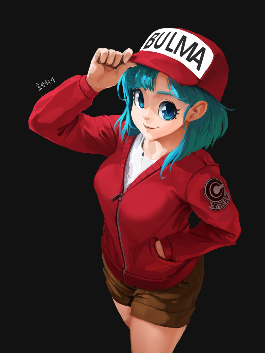 1girl absurdres adjusting_clothes adjusting_headwear baseball_cap black_background blue_eyes blue_hair breasts brown_shorts bulma capsule_corp character_name dragon_ball dragon_ball_(classic) hat highres horang4628 jacket long_sleeves looking_at_viewer red_jacket shirt shorts simple_background smile solo white_shirt zipper_pull_tab