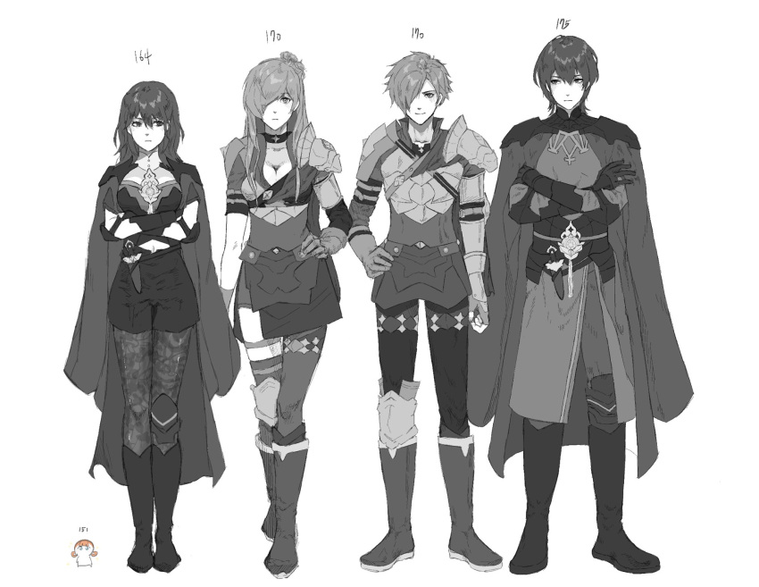 2boys 2girls armor artist_request breasts byleth_(fire_emblem) byleth_eisner_(female) byleth_eisner_(male) cape closed_mouth dual_persona fire_emblem fire_emblem:_three_houses fire_emblem_warriors:_three_hopes gloves hair_ornament height_difference highres holding long_hair long_sleeves looking_at_viewer medium_hair monochrome multiple_boys multiple_girls shez_(fire_emblem) shez_(fire_emblem)_(female) shez_(fire_emblem)_(male) short_hair simple_background smile